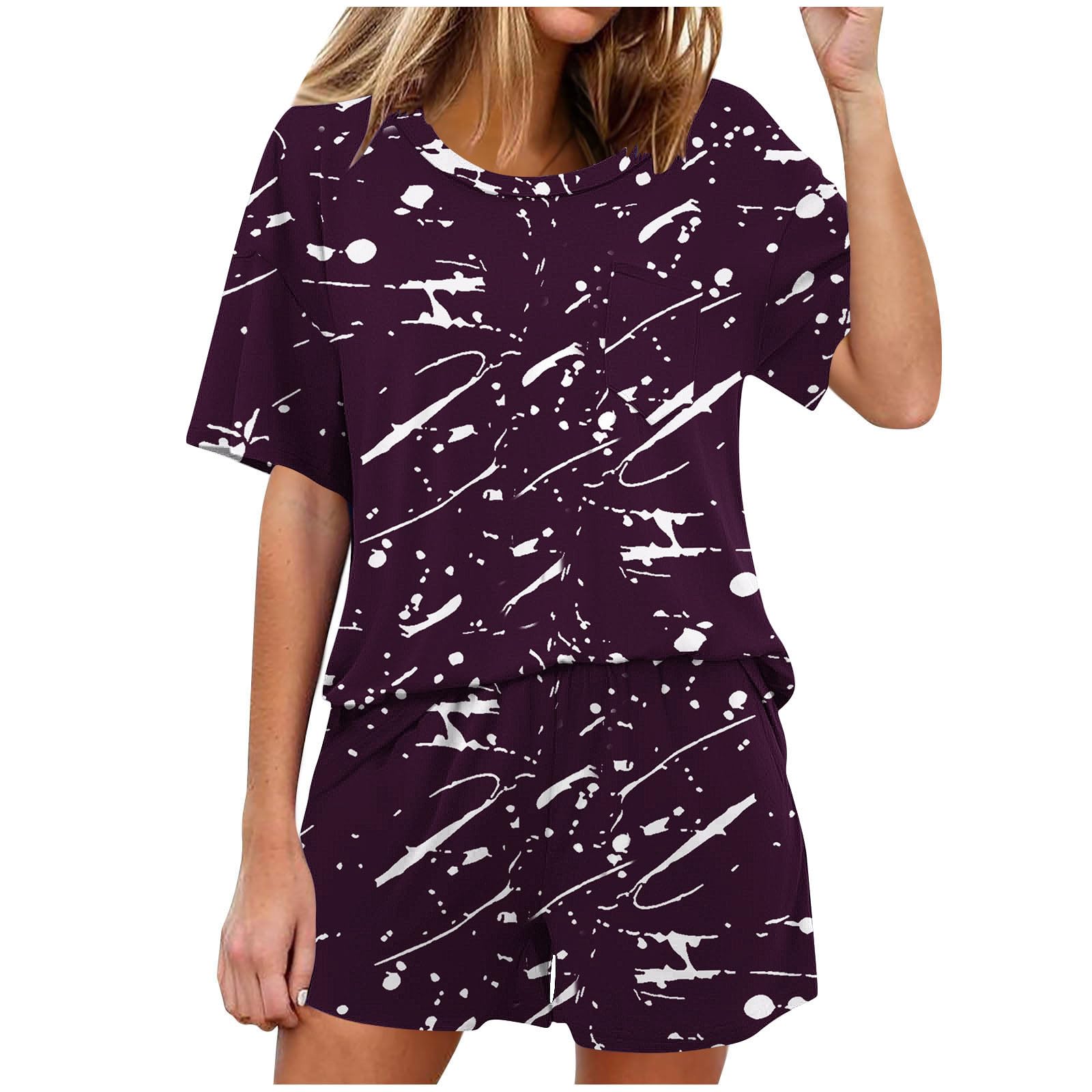Women's 2-Piece Casual Outfit Set - Short Sleeve Graphic T-Shirt & Lounge Shorts Matching Summer Pajama Set | Trendy Loungewear for Home, Travel & Vacation