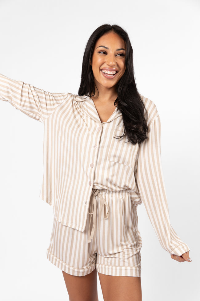 Good To Get Away Neutral Stripe Long Sleeve Pajama Top for Women - Soft Sleepwear & Lounge Wear - Cozy Home Outfit for Relaxing Evenings