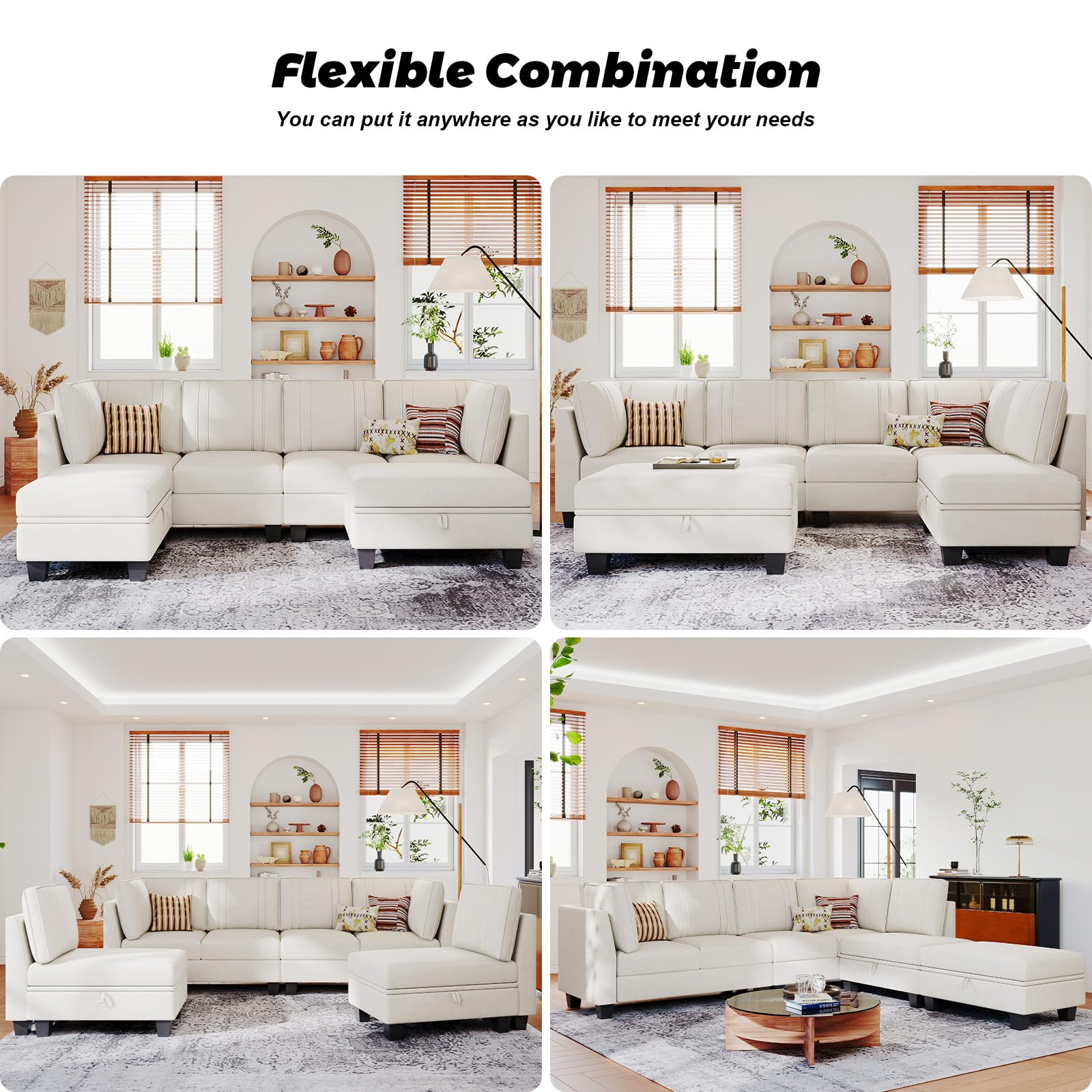 Belffin U-Shaped Sectional Sofa with Storage Ottoman - Convertible Living Room Couch in Beige | Modern L-Shaped Sofa Bed for Small Spaces, Family Gatherings & Movie Nights