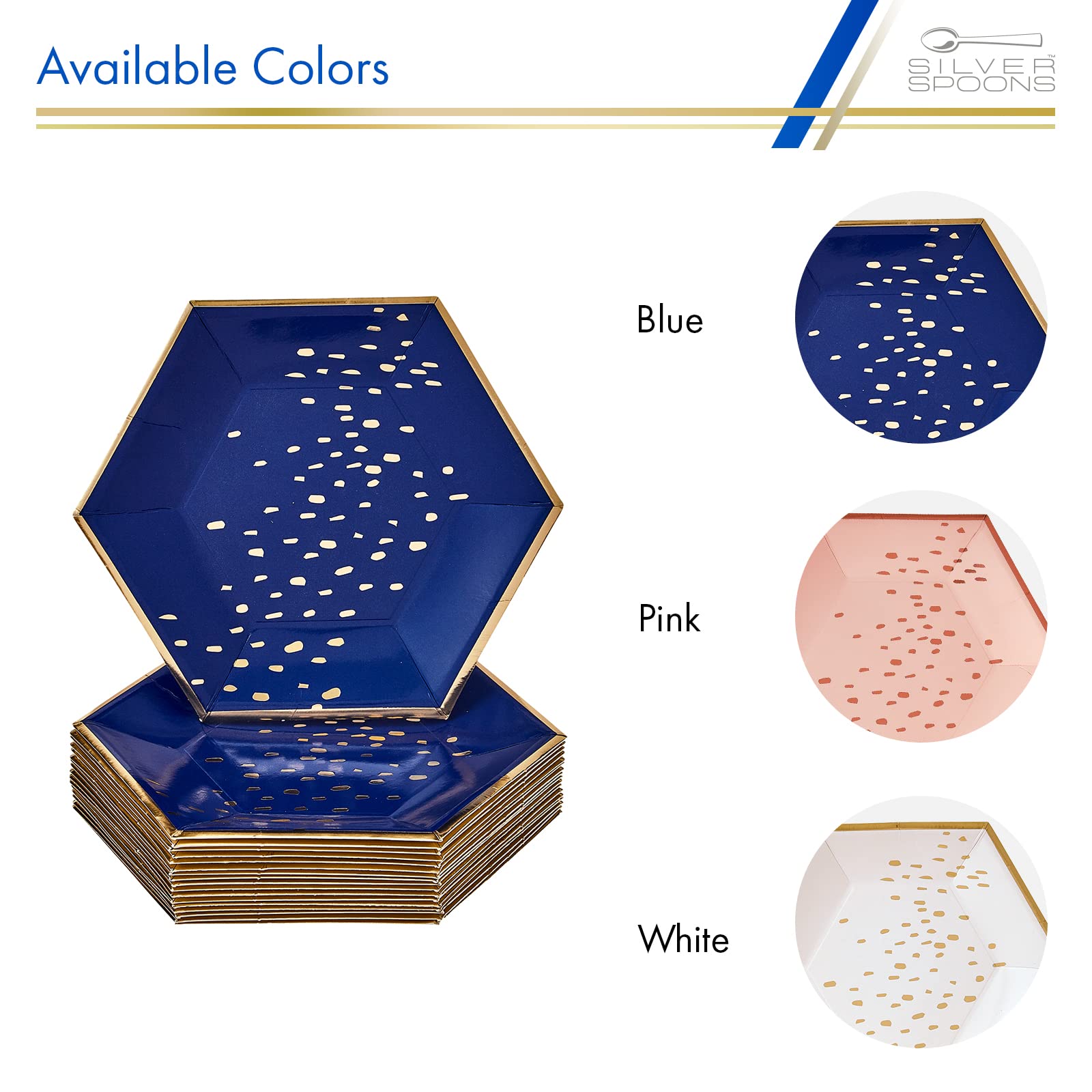 Hexagon Design Heavy Duty Disposable Paper Plates (18 Pack) - 7 Inch Silver Spoons Party Plates for Birthday, Baby Shower, Wedding & Events - Elegant Blue Dessert Plates for Indoor/Outdoor Gatherings