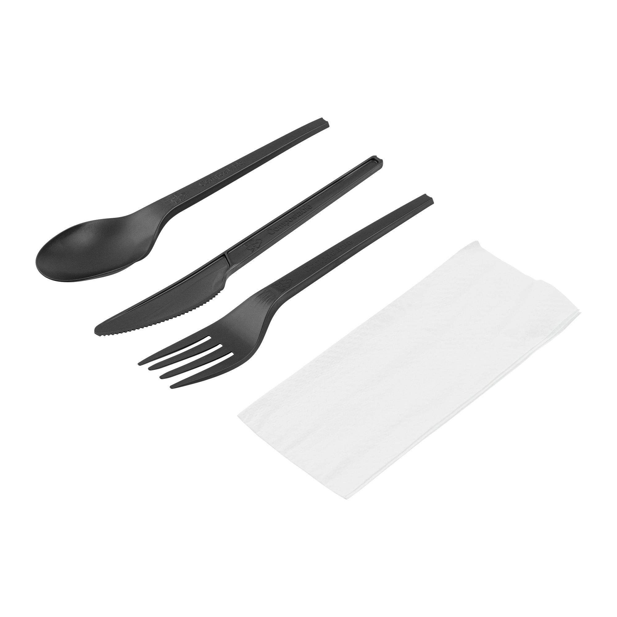 Eco-Friendly Black CPLA Plastic Cutlery Set - 100-Piece Compostable Cutlery with Wrapper & White Napkins | Heat-Resistant 6.5