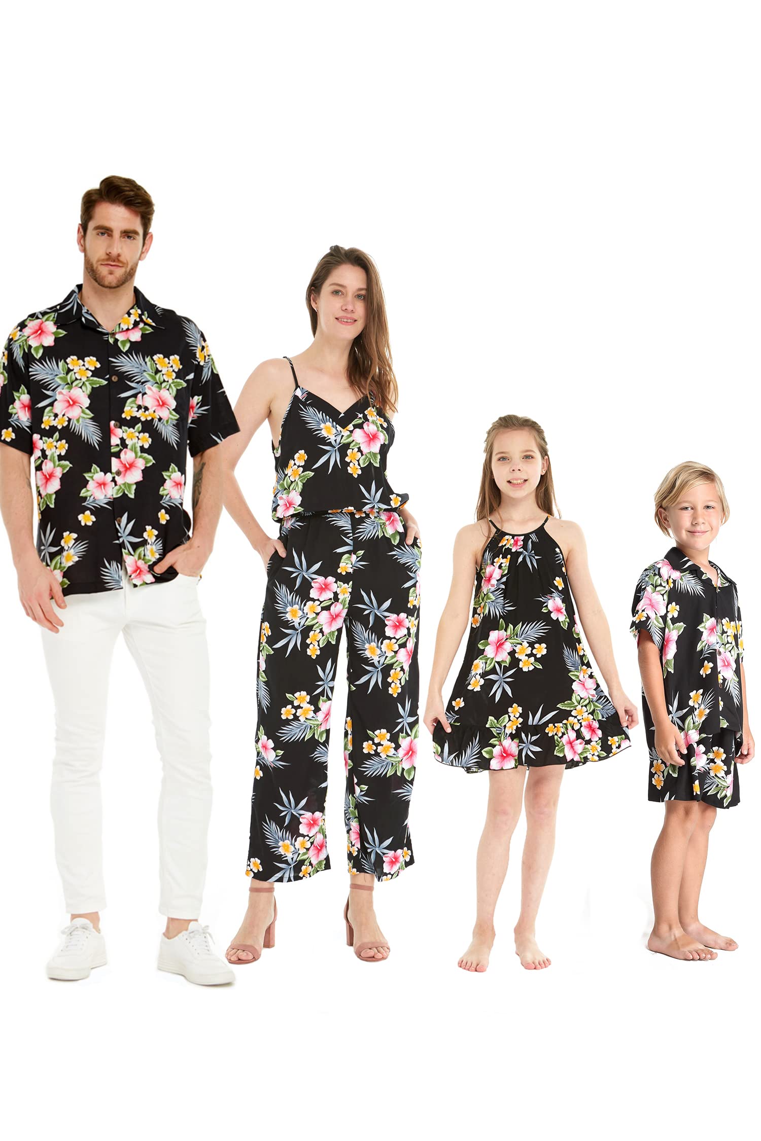 Hawaiian Luau Outfits for Family - Matching Hibiscus Print Shirts & Dresses for Men, Women, Boys & Girls | Beach Party, Summer Vacation, Tropical Theme Party