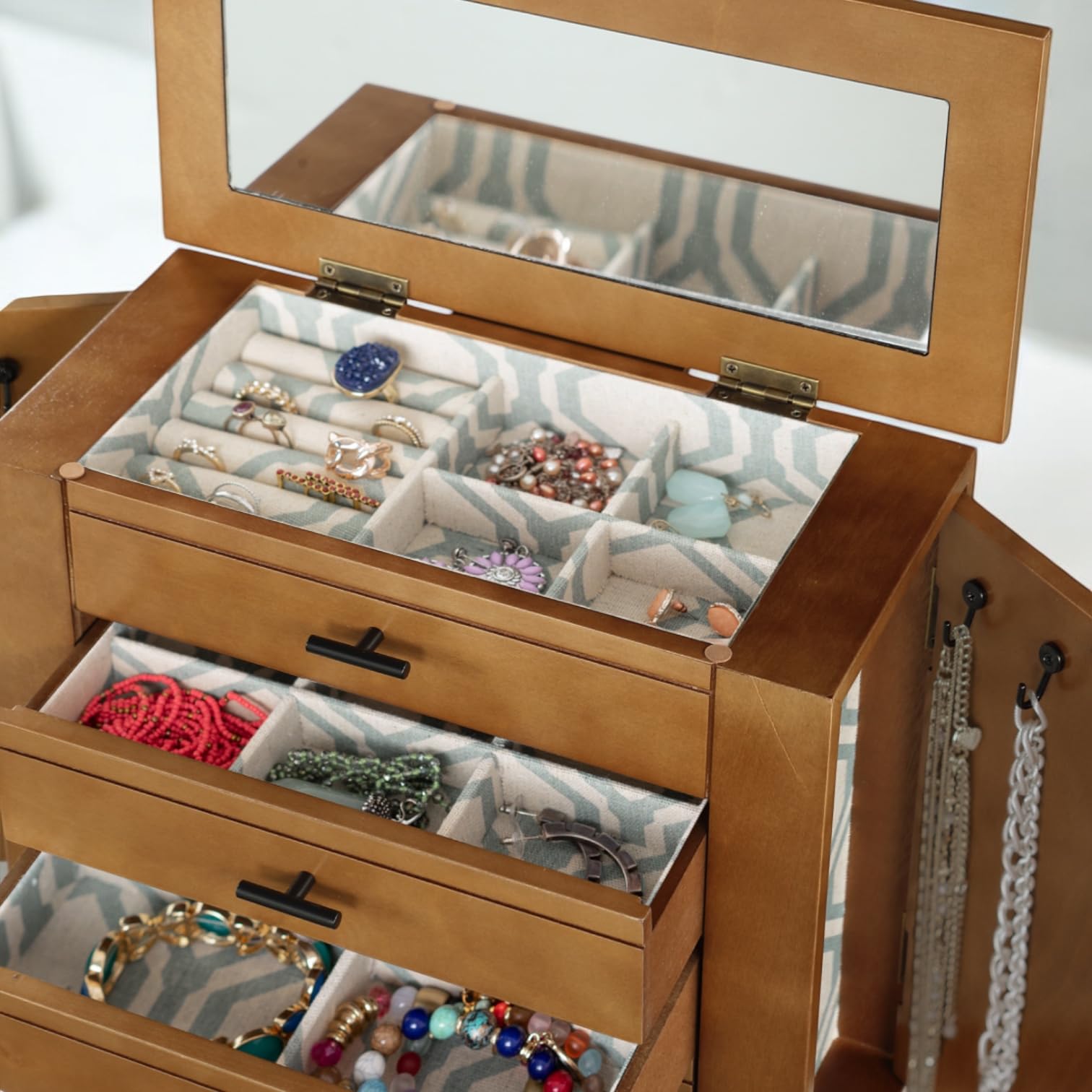 Emma Elegant Jewelry Organizer - 4-Drawer Wooden Chest with Necklace Hooks & 2 Doors - Stylish Dresser-Top Storage Box for Necklaces, Rings & Accessories - Pine Wood Jewelry Box for Bedroom Vanity & Gift Giving