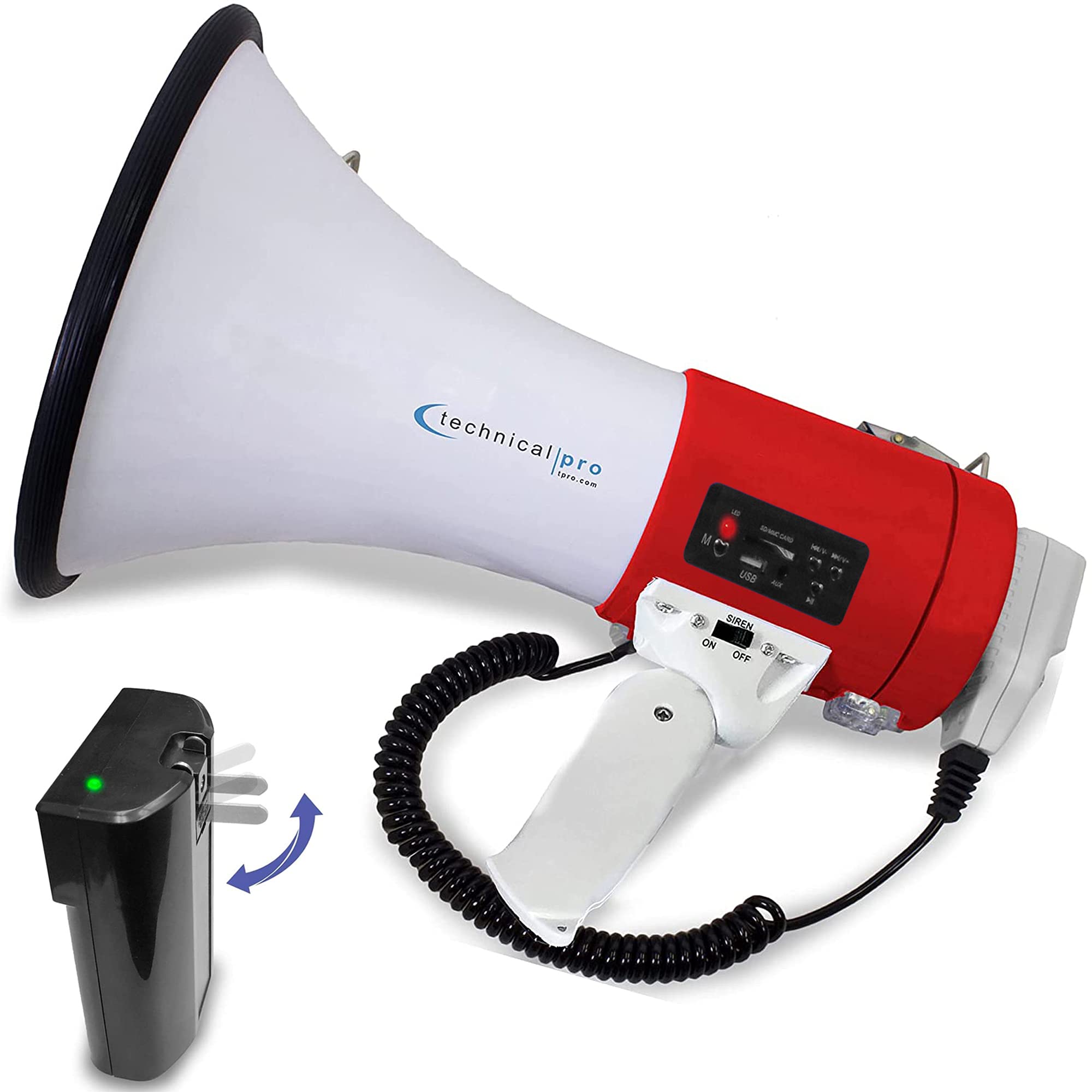 Technical Pro Portable 75-Watt Megaphone Bullhorn with Detachable Microphone & Rechargeable Battery - Built-in AC Charger for Coaches, Cheerleaders, Sports Trainers | Perfect for Outdoor Events, Soccer Games & Crowd Control