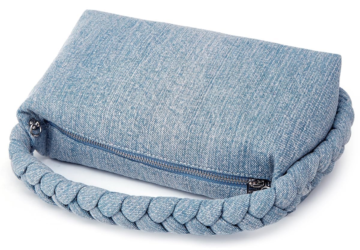 Trendy Women's Denim Clutch Handbag with Chain Strap - Stylish Jean Satchel Tote, Woven Top Handle & Crossbody Sling Bag for Casual Outings, Parties & Everyday Use