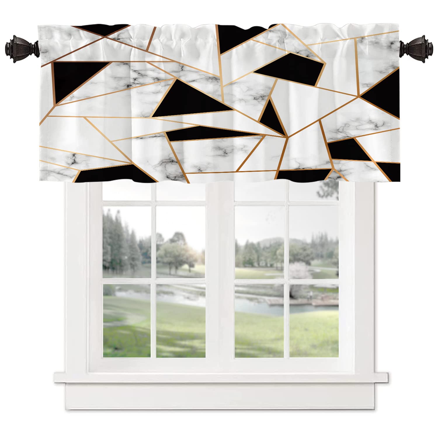 Shrahala Marble Golden Geometric Kitchen Valance - 52x18 Inch Heat Insulated Half Window Curtain with Marble Texture & Gold Lines - Perfect for Kitchen Decor, Dining Room Windows, and Home Insulation
