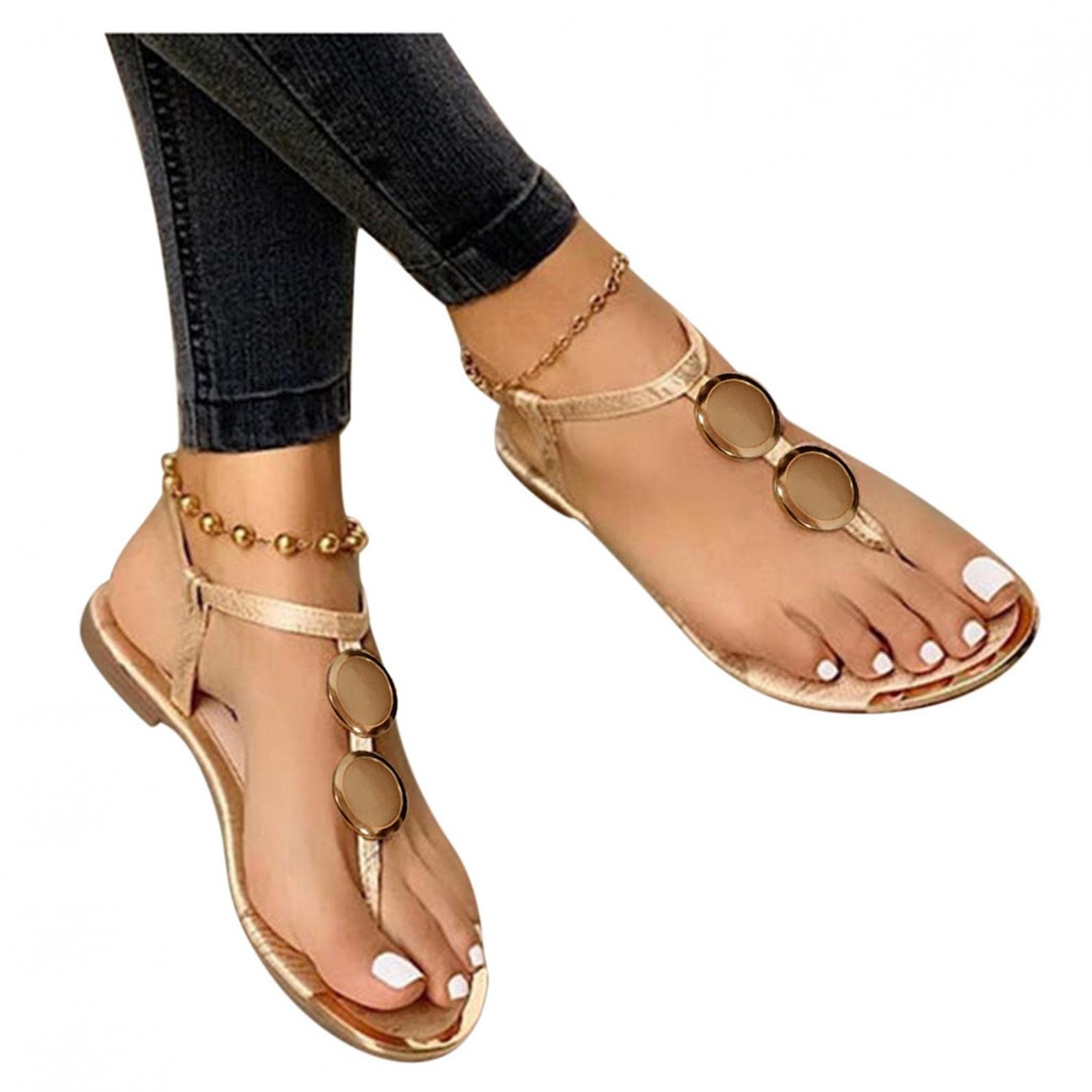 Gibobby Women's Gladiator Sandals - Comfortable Flat Sandals with Buckle Ankle Strap, Dressy T-Strap Platform Sandals for Beach, Summer Outfits & Casual Wear