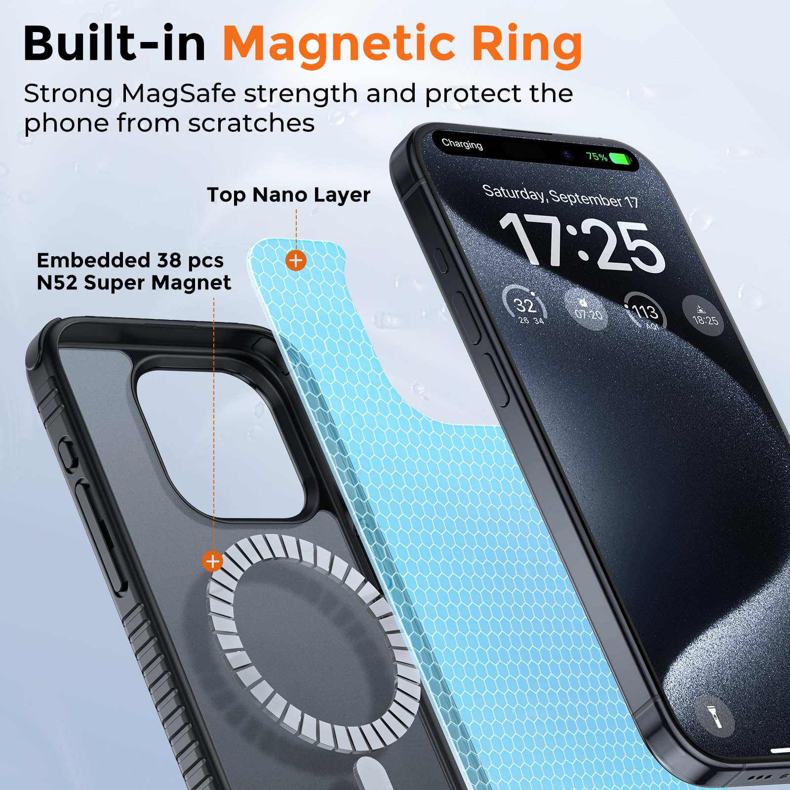 UNBREAKcable Magnetic Case for iPhone 15 Pro Max - Military Grade Shockproof, Non-Slip, Translucent Matte Back Soft Silicone Protective Cover with MagSafe Compatibility (Black) - Perfect for Outdoor Adventures, Work & Daily Protection