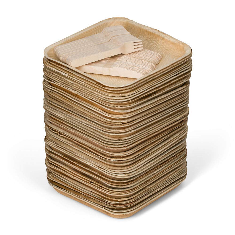 50-Pack 8 Inch Square Palm Leaf Plates + 100-Piece Cutlery Set (50 Forks & 50 Knives) - Heavy Duty, 100% Compostable & Biodegradable Eco-Friendly Dinnerware - Perfect for Parties, Picnics, BBQs & Sustainable Events