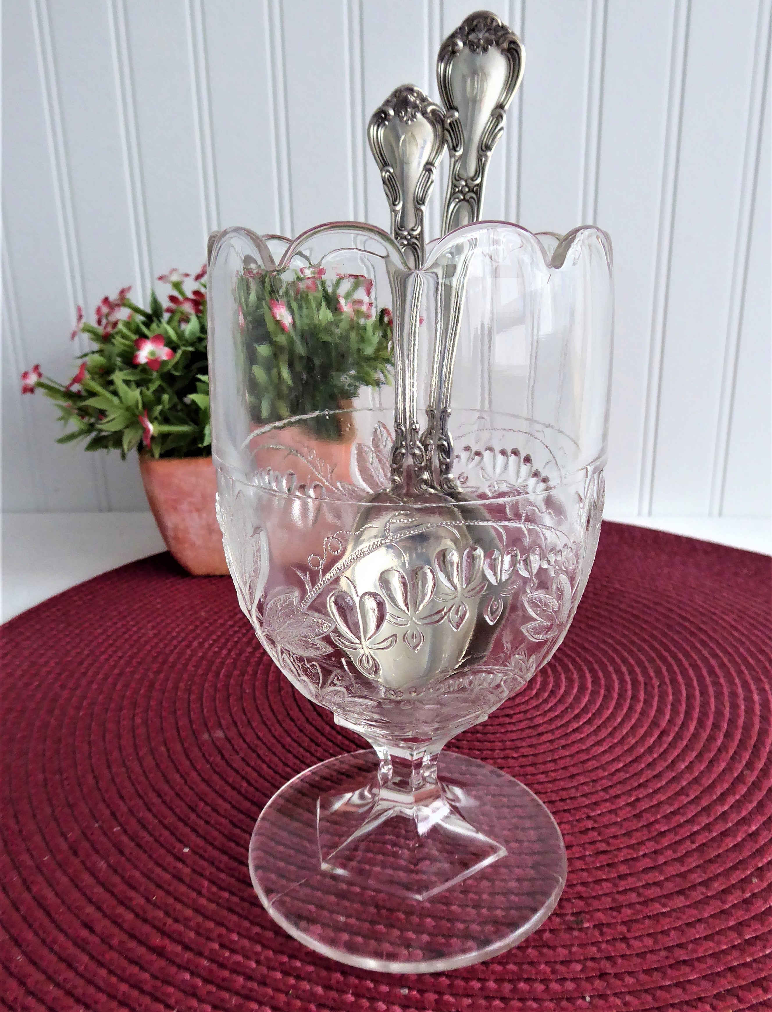 Antique Victorian Bleeding Heart Spooner Vase by King & Son, EAPG Glassware - Perfect for Vintage Home Decor, Table Setting, and Collectible Display
