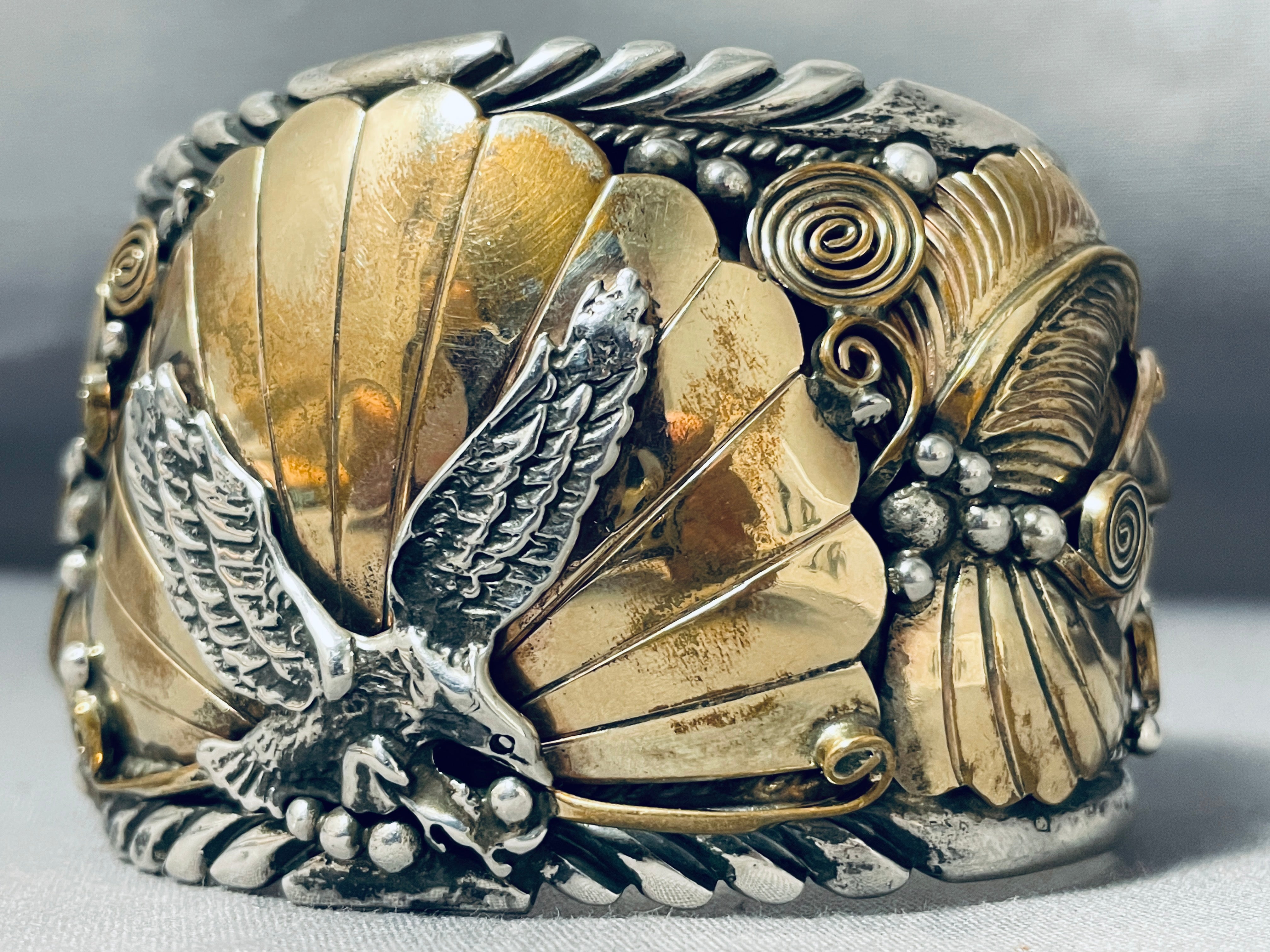 122 Gram Vintage Al Chee Native American Navajo Gold Sterling Silver Eagle Bracelet - Handmade Tribal Jewelry for Women & Men - Perfect for Boho Fashion, Gift Giving & Cultural Events