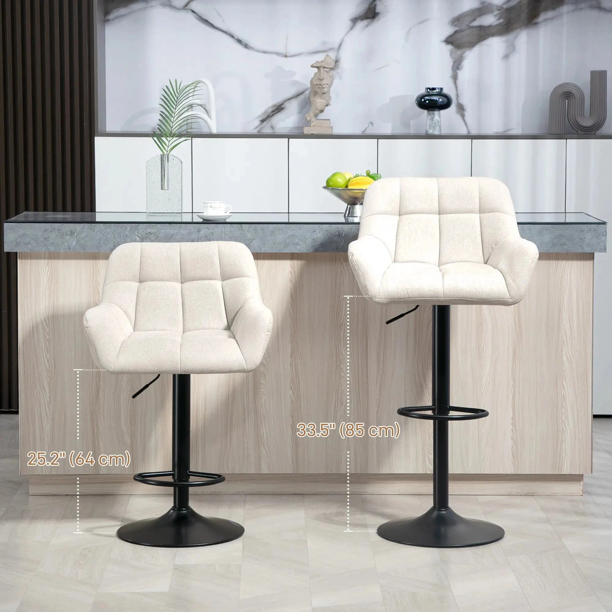 Swivel Adjustable Bar Stools (Set of 2) - Faux Leather & Linen Touch Fabric - 5 Color Options - Perfect for Kitchen Islands, Home Bars & Dining Areas