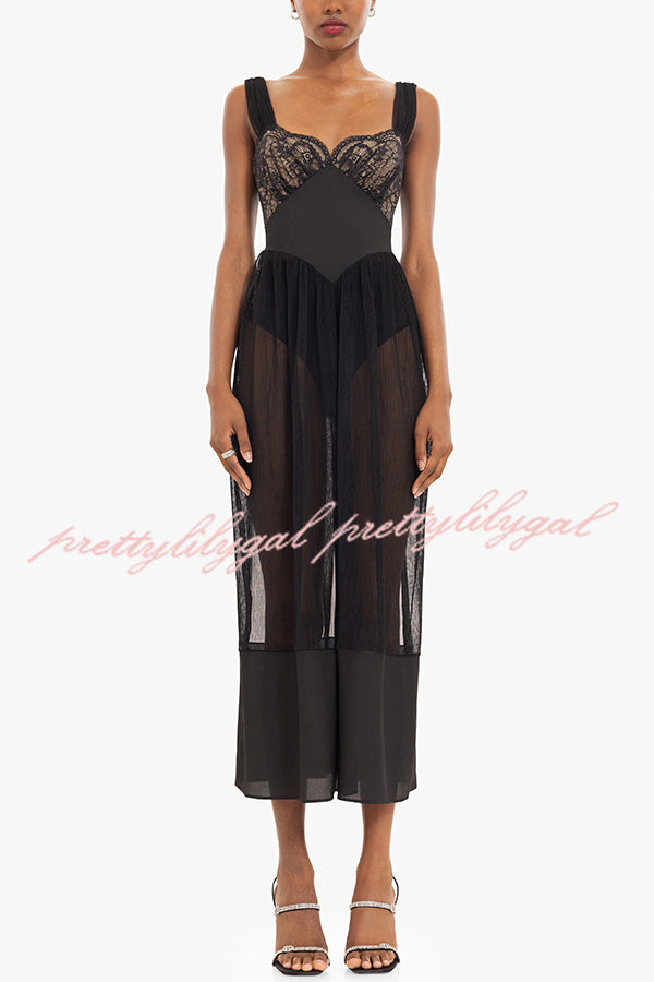 Romantic Modern Lace Tulle Patchwork Waist Midi Dress for Women - Perfect for Weddings, Parties & Date Nights