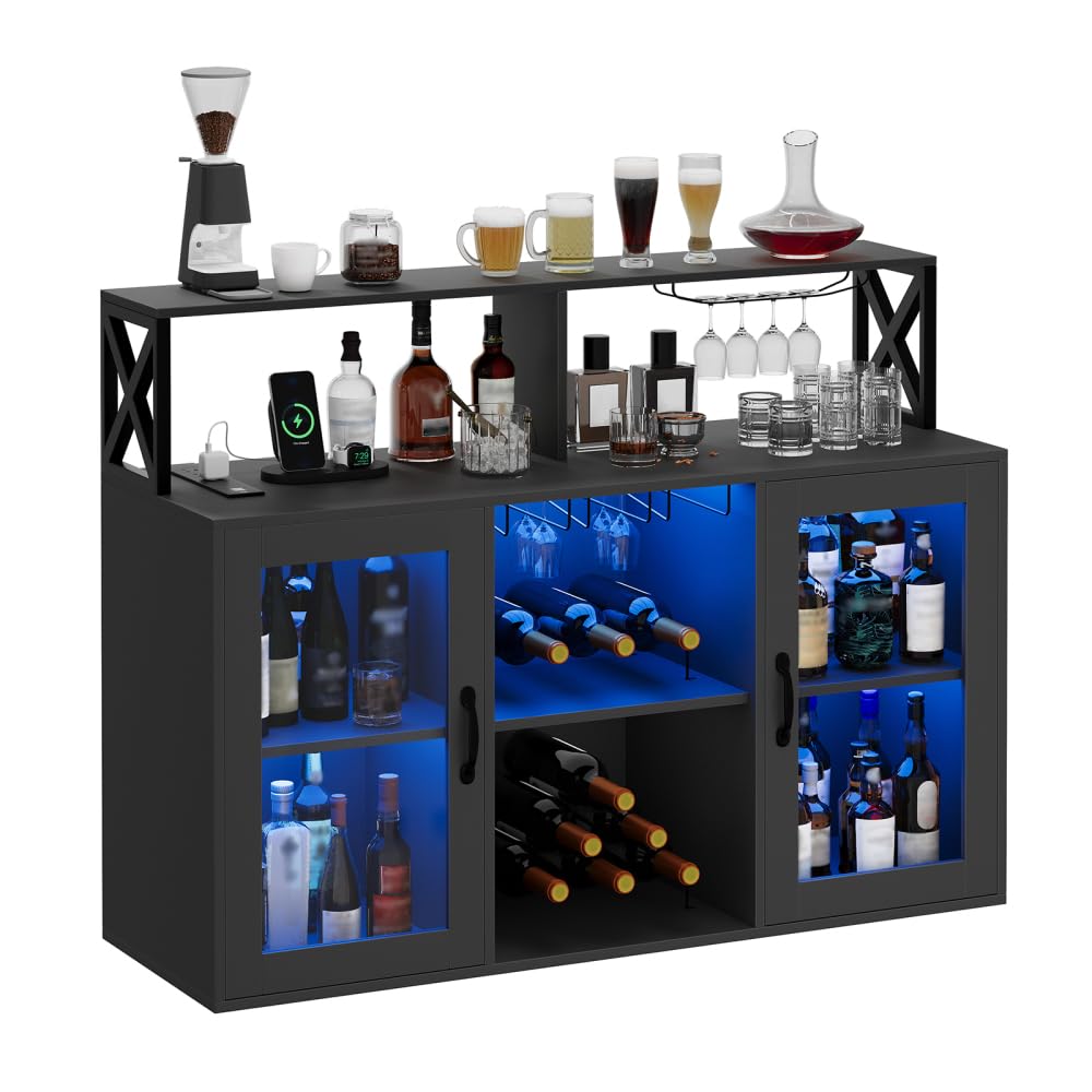Black Modern Bar Cabinet with Power Outlets, LED Lights & Glass Holder - Wine Storage Cabinet with Racks for Home, Kitchen, Dining Room | Perfect for Entertaining, Home Bars & Wine Display