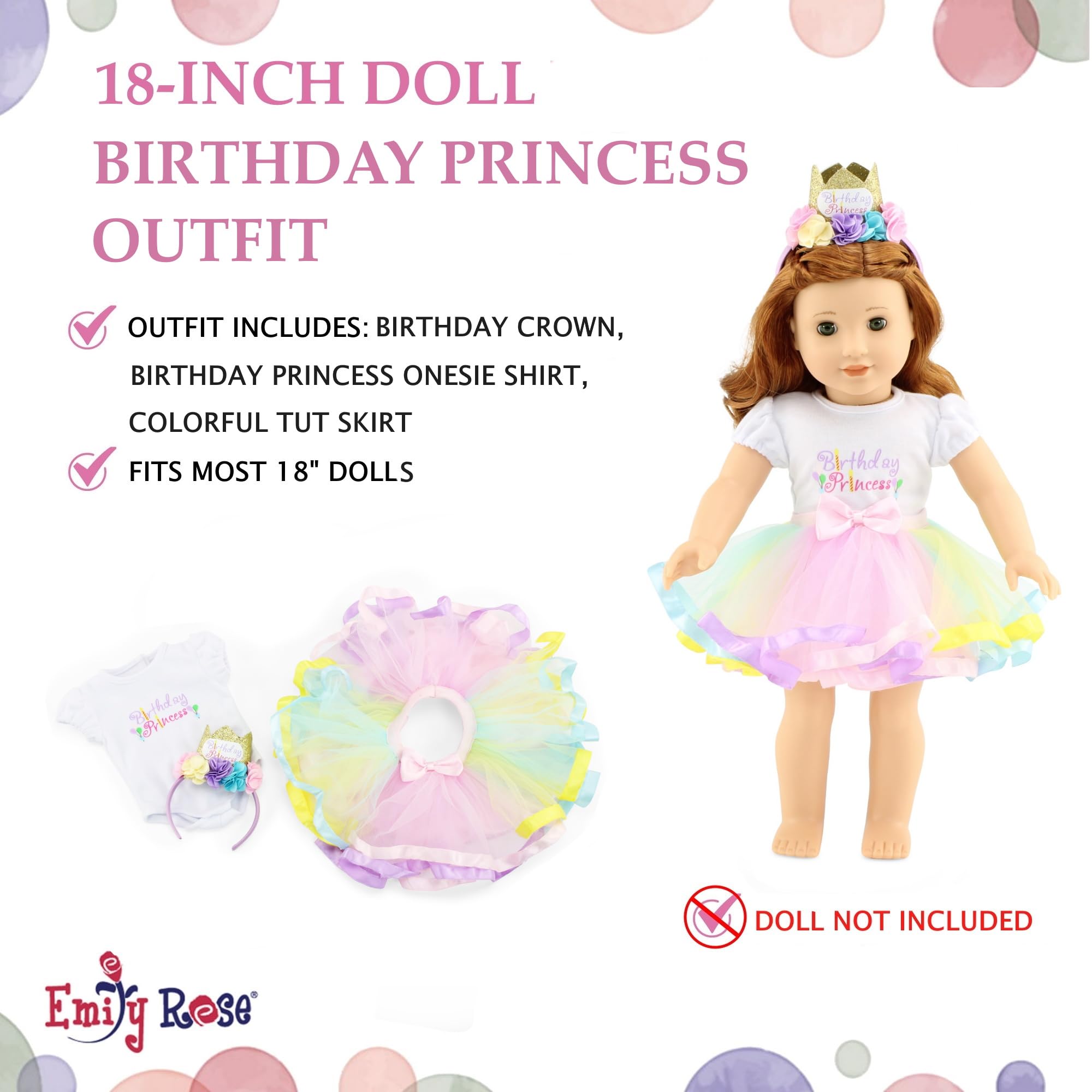 Emily Rose 18 Inch Doll Clothes Outfit Set - 3 Piece Princess Costume with Tiara Headband | Compatible with American Girl Dolls | Perfect for Birthday Gifts, Dress-Up Play & Collectors