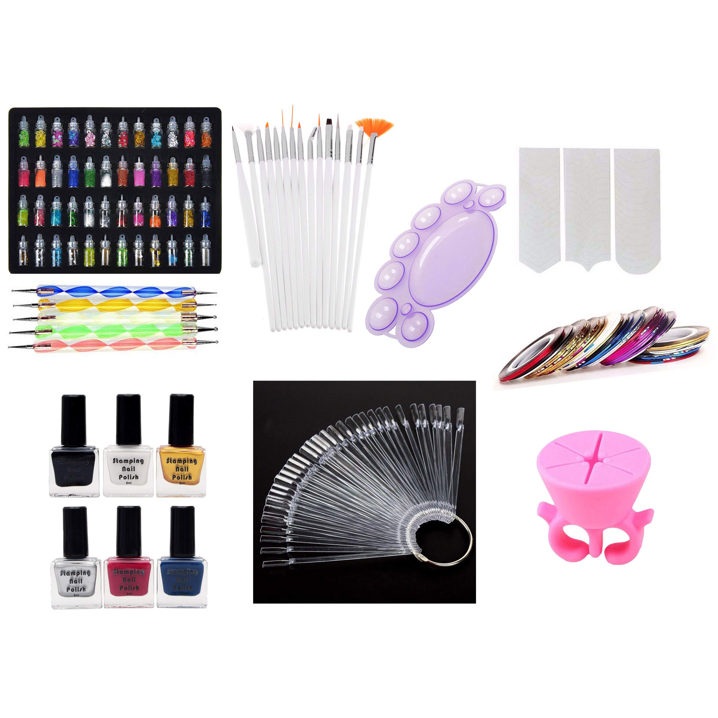 Professional Nail Art Kit with Nail Brushes, Dotting Tools, Stamping Polishes, 3D Glitter Bottles & Practice Wheels - Complete Manicure Set for DIY Nail Designs at Home or Salon (Multicolor)