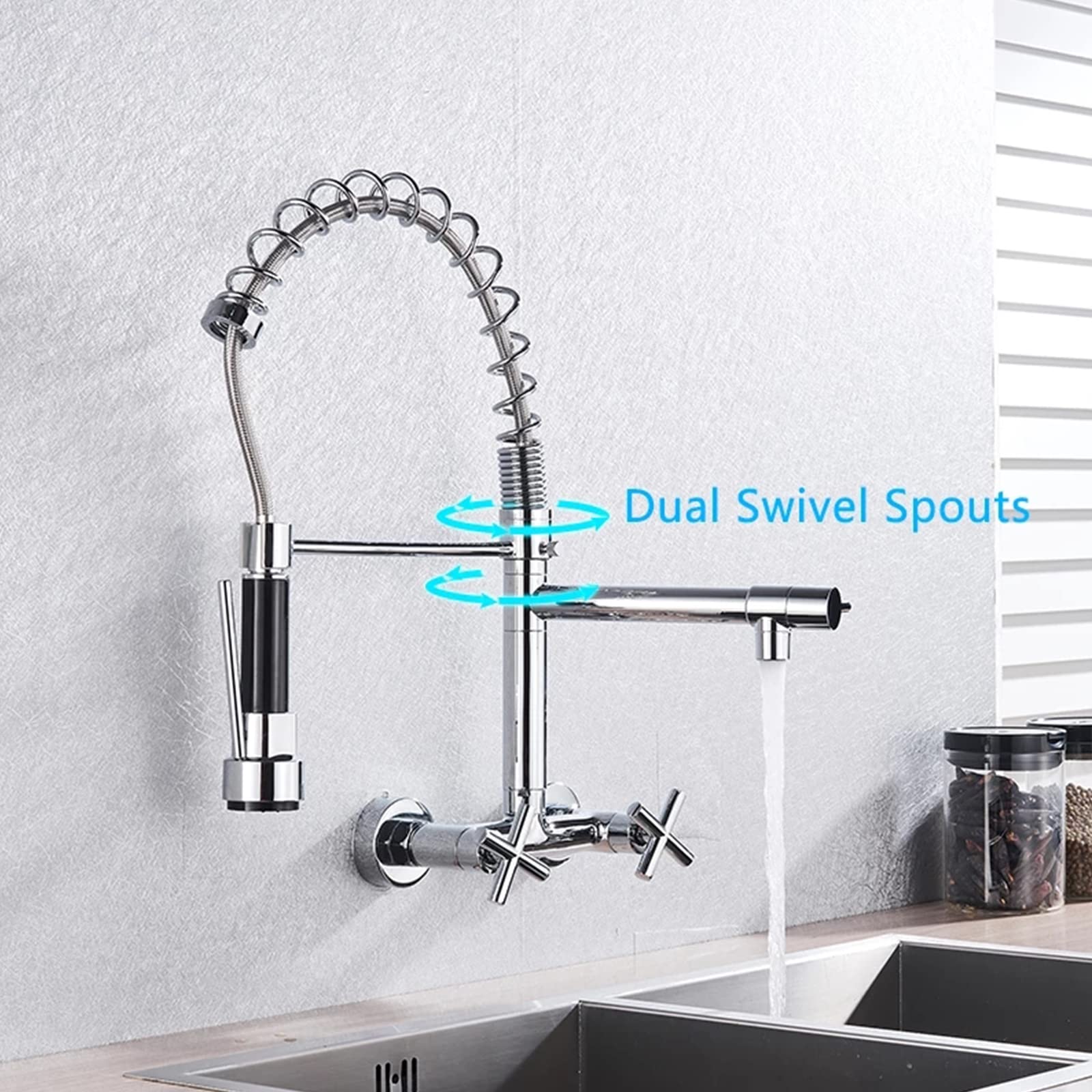 Stainless Steel Kitchen Faucet with Pull Down Sprayer - Dual Holes Wall Mount Spring Sink Faucet 360° Rotation Brass Double Cross Knobs for Hot & Cold Water Mixer Tap in Chrome - Perfect for Modern Kitchens & Restaurant Sinks