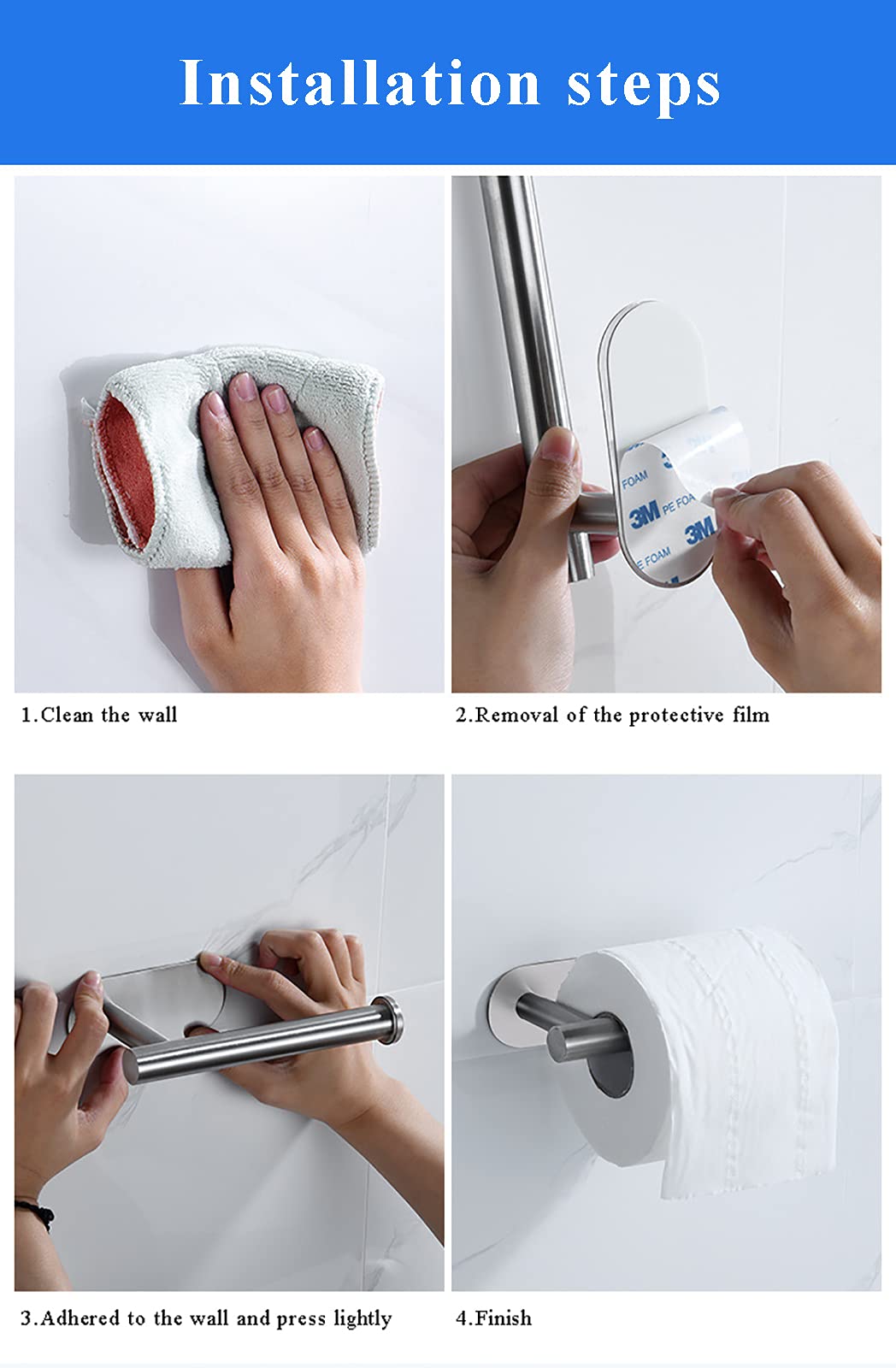 No Drill Self Adhesive Toilet Paper Holder - Stainless Steel Brushed Bathroom Tissue Roll Mount (Silver) | Space Saving Solution for Small Bathrooms & RVs