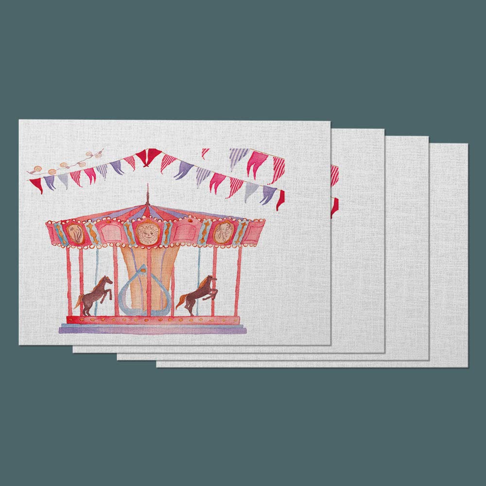 Vintage Carousel Horse Place Mats Set of 4 - 12x18 Inch Cotton Linen Table Mats for Dinner, Kitchen & Dining Room - Amusement Park Theme with Garland Festoon Bulbs Flags - Perfect for Themed Parties, Holiday Decor & Retro Home Dining