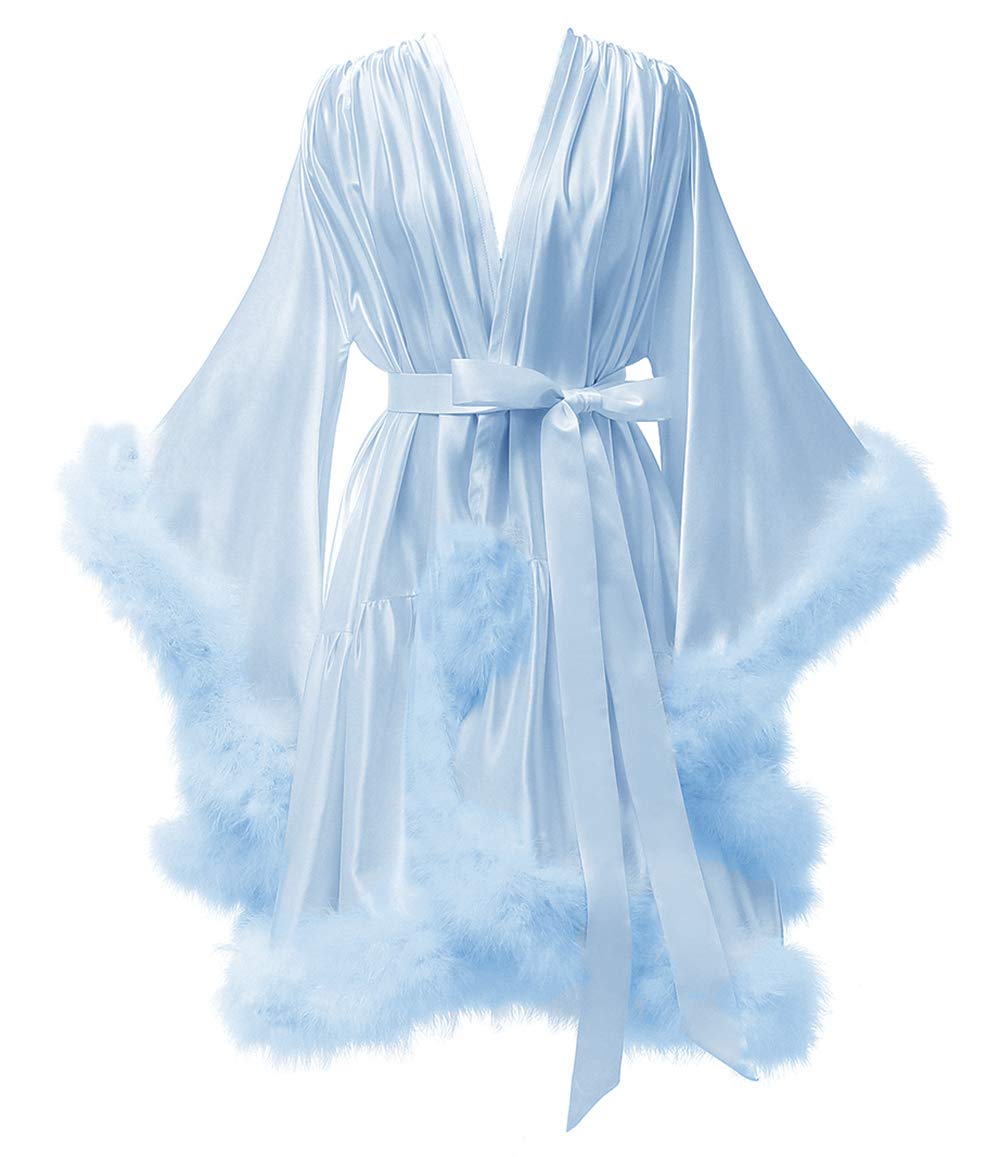 Yexinbridal Feather Fur Robe - Silk Satin Bridal Dressing Gown, Sexy Lingerie Nightgown & Bathrobe for Women | Perfect for Wedding Night, Honeymoon, Boudoir Photoshoot & Luxury Sleepwear