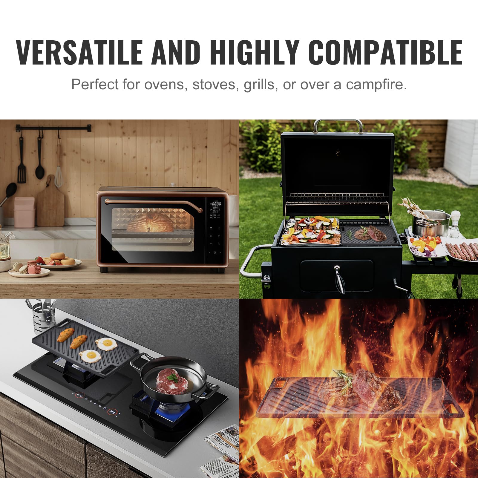 VEVOR 17x10 Inch Reversible Cast Iron Grill Griddle - Pre-Seasoned Double Burner Griddle Pan with Handles, Non-Stick Flat Top Cookware for BBQ, Gas Grill, Camping & Outdoor Cooking - Black