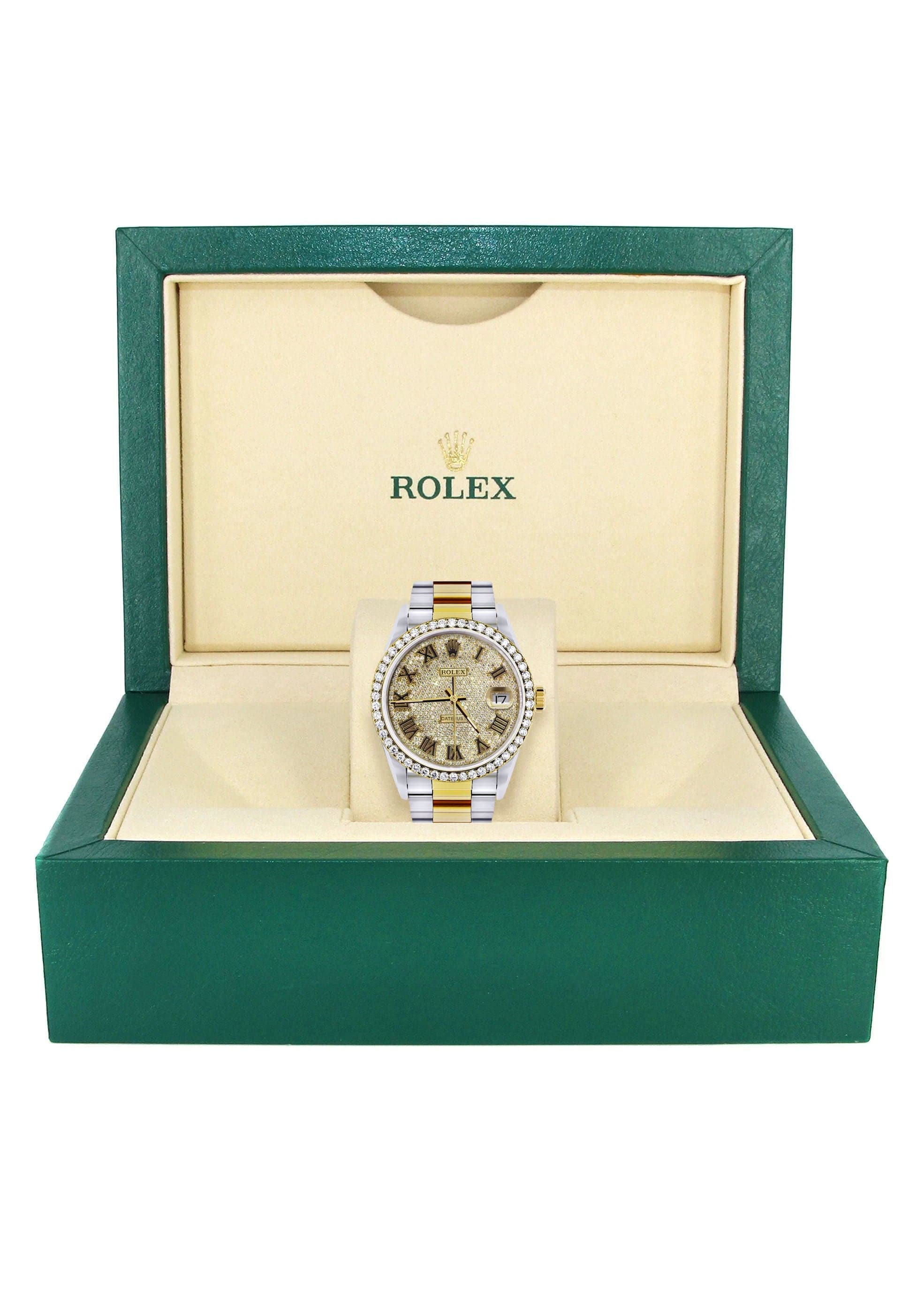 Luxury Diamond Gold Rolex Watch For Men 16233 | 36MM Stainless Steel | Full Diamond Roman Dial | Oyster Bracelet | Perfect for Business, Gifts & Special Occasions
