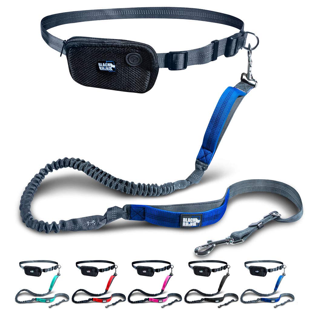 Black Rhino Hands-Free Dog Leash - Adjustable Bungee Leash for Running, Walking, Jogging & Hiking with Neoprene Padded Handles - Perfect for Medium to Large Dogs (Blue/Green) - Includes Free Running Pouch | Ideal for Outdoor Adventures, Park Visits & Daily Exercise