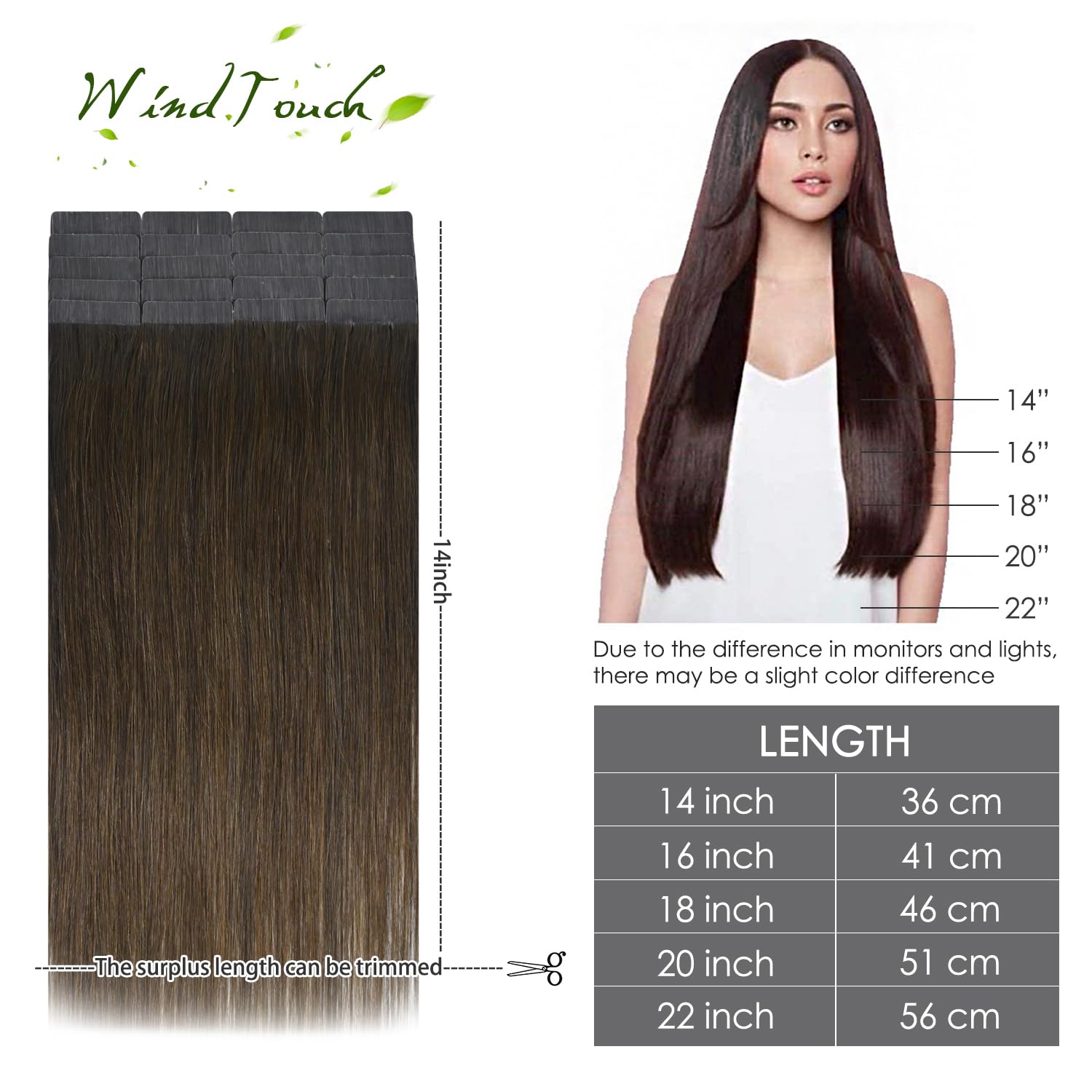 WindTouch 18 Inch Tape in Hair Extensions - 100% Real Human Hair, #4 Brown Chocolate, 20pcs (40g) - Seamless Blending for Everyday Wear & Special Occasions
