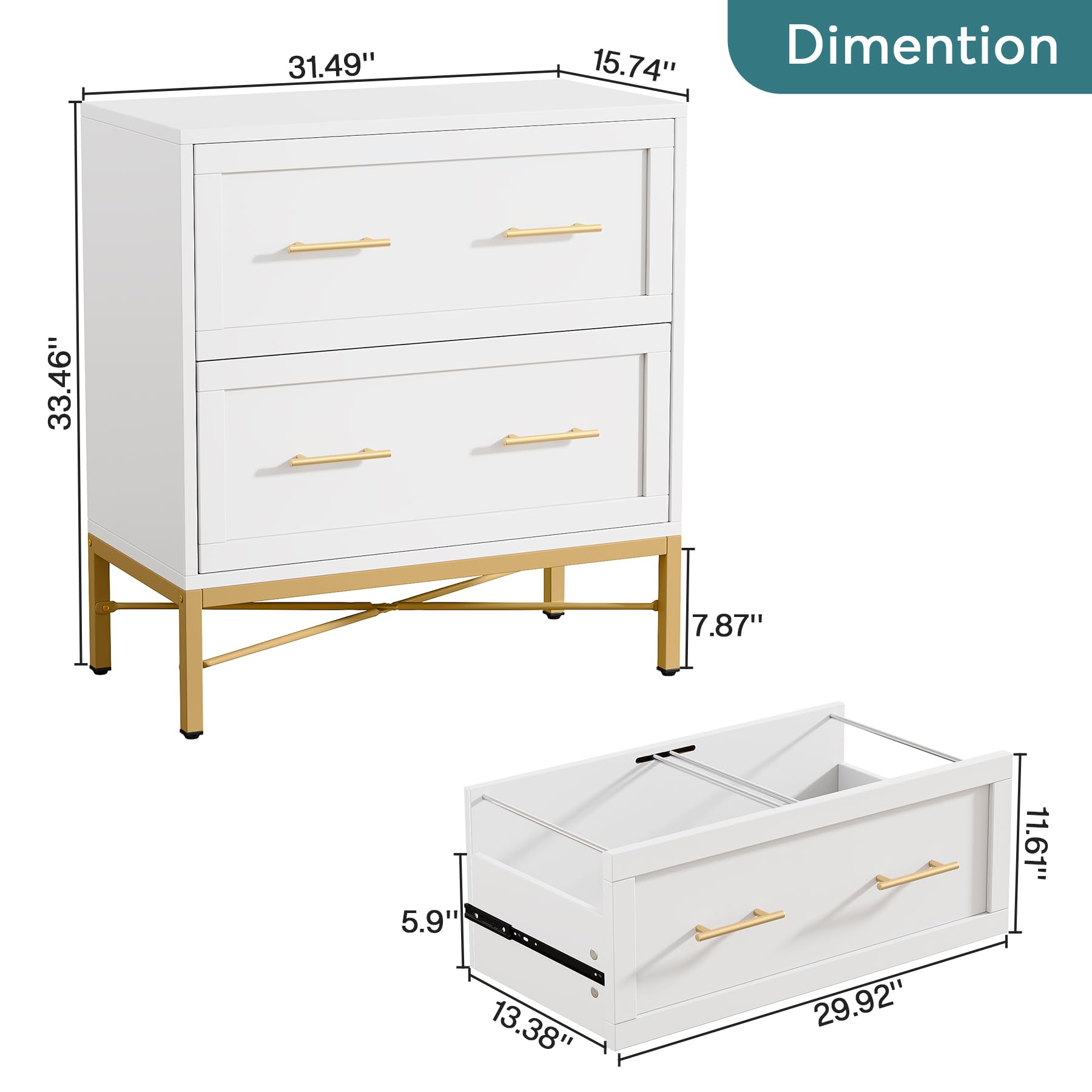 Tribesigns 2-Drawer White & Gold File Cabinet - Modern Lateral Filing Cabinet for Letter/Legal/A4 Documents - Wood Storage Cabinet with Printer Stand for Home & Office - Perfect for Organizing Files, Office Supplies & Workspace Essentials