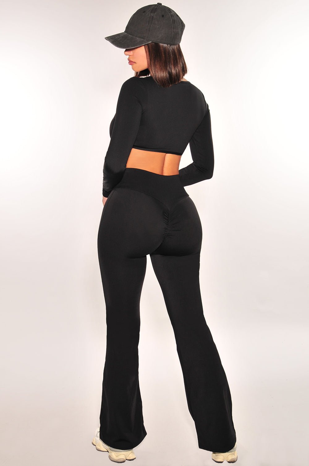 HMS Fit Black Long Sleeve High Waist Scrunch Butt Flare Leggings Two Piece Set - Women's Workout Outfit for Yoga, Gym & Running