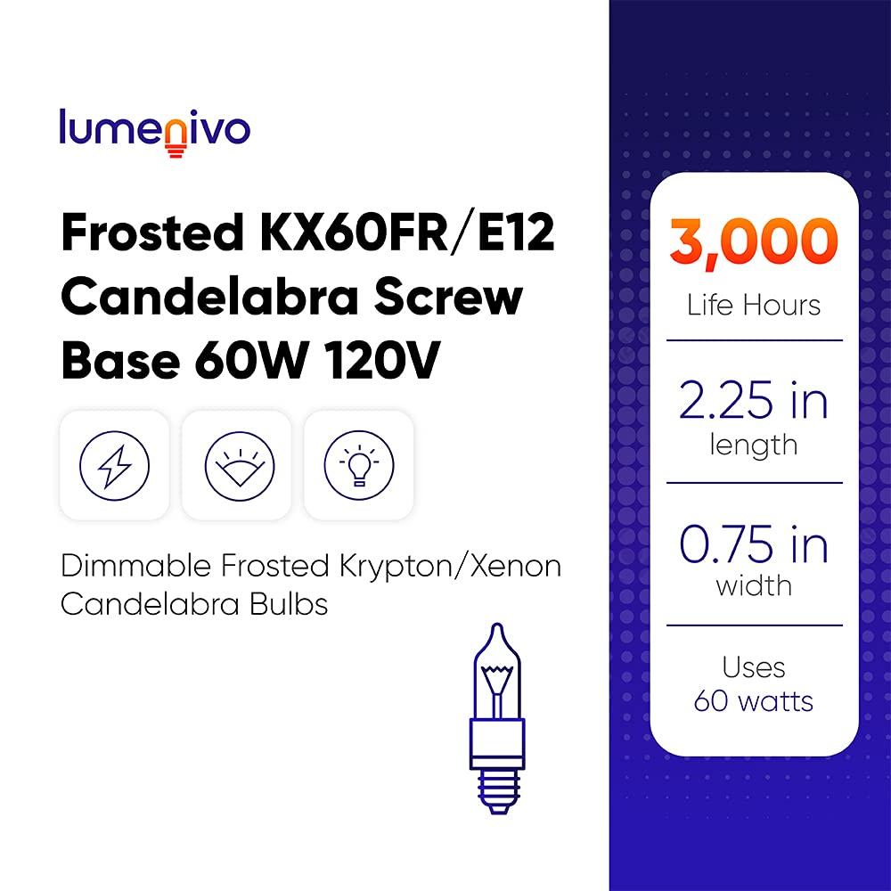 Lumenivo KX60FR/E12 Replacement Candelabra Bulb - 60W Frosted E12 Screw Base, 120V Xenon Light Bulb - Perfect for Chandeliers, Wall Sconces & Decorative Lighting (1 Pack)