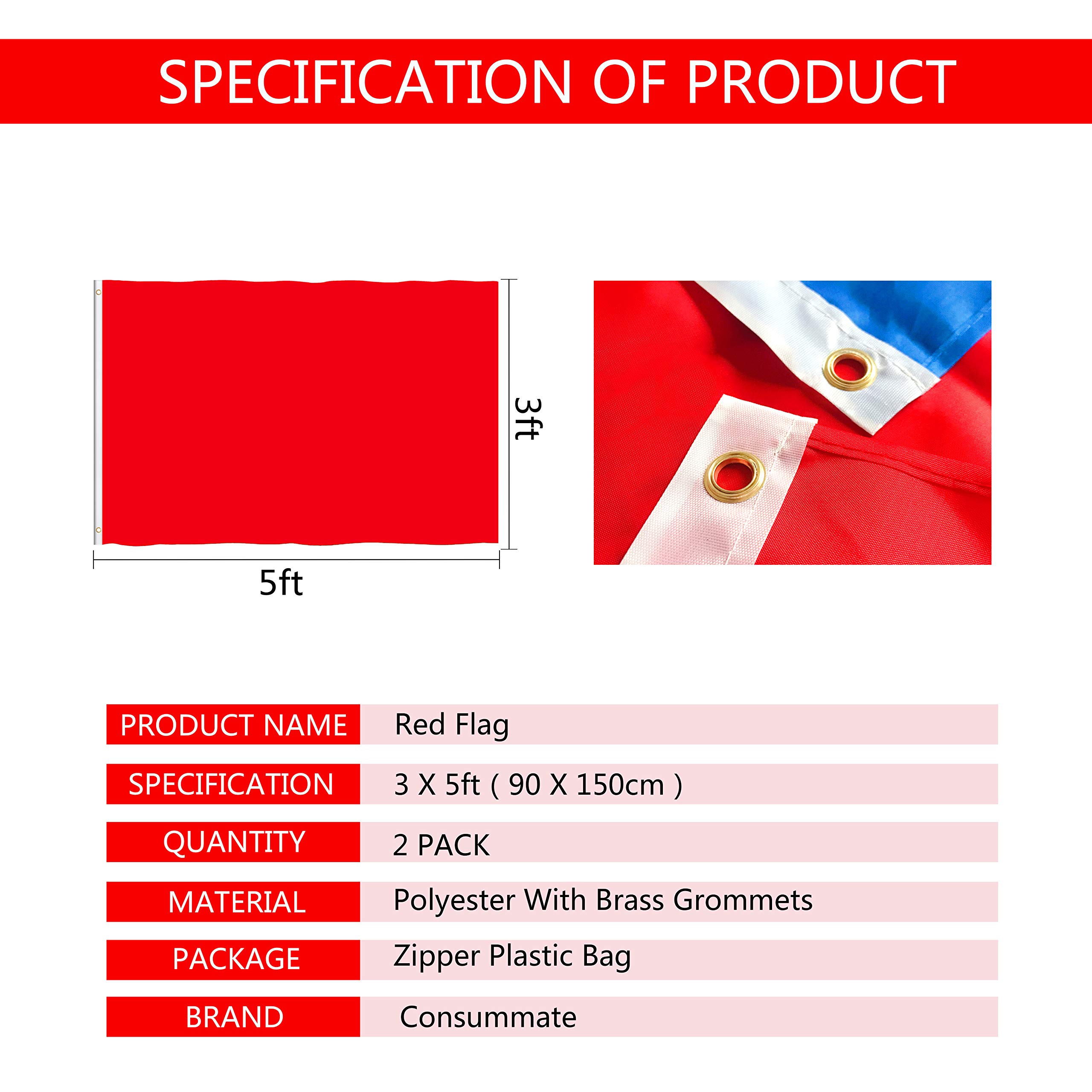Premium 3x5 ft Solid Red Polyester Flag with Brass Grommets - 2 Pack - Durable Outdoor/Indoor Use for Parades, Sporting Events & Patriotic Decorations