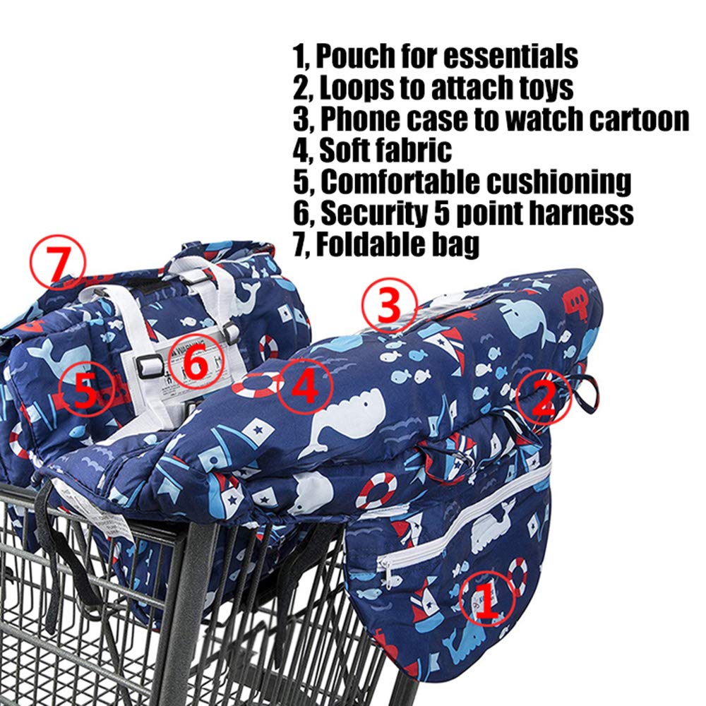 Baby Shopping Cart Cover - 2-in-1 Foldable Portable High Chair & Grocery Cart Seat with Storage Bag for Infants to Toddlers | Blue Whale Design | Perfect for Supermarkets, Restaurants & Travel