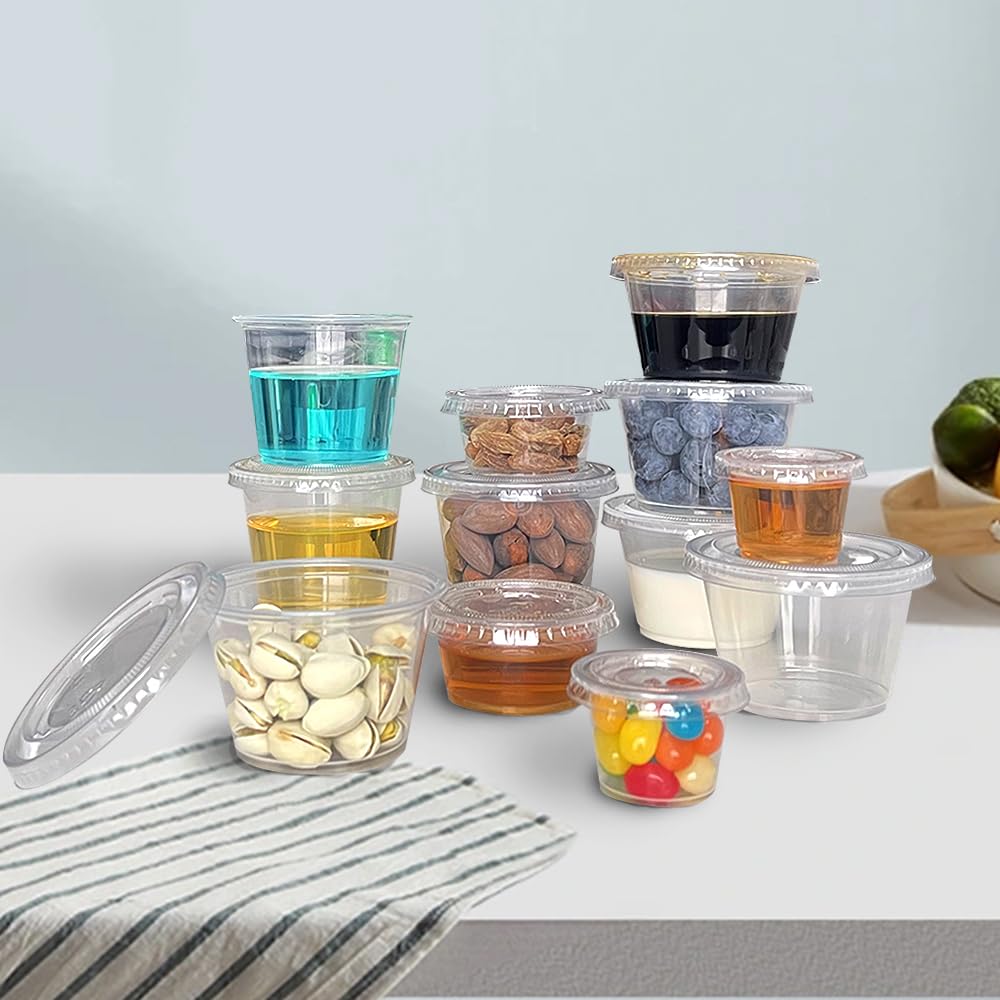 120 Pack 1oz Small Plastic Condiment Cups with Lids - Disposable Portion Containers for Sauces, Dressings, Dips - Perfect for Lunch Boxes, Parties, Picnics, Travel & Meal Prep