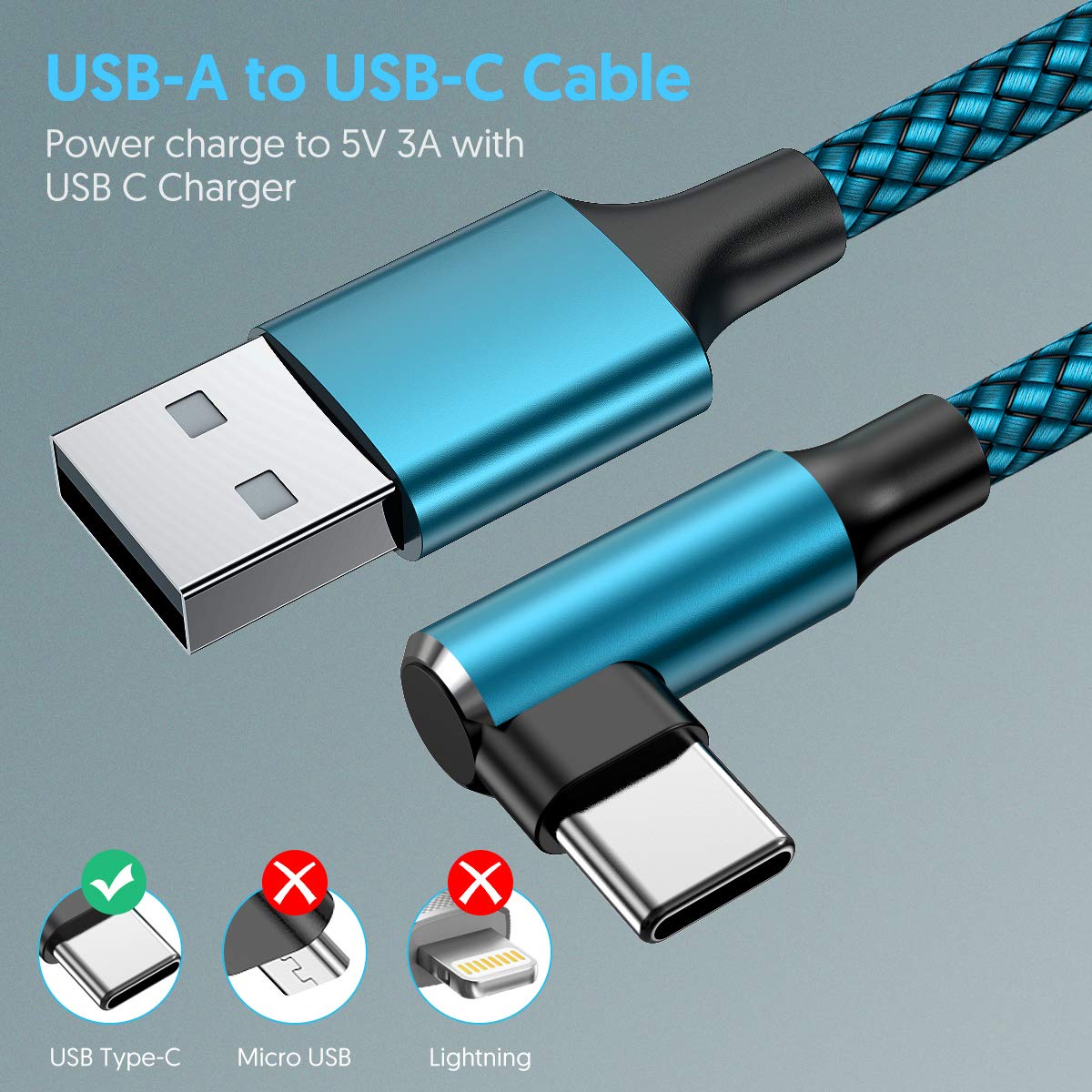 Geekboy USB C Cable 10ft 2-Pack - Right Angle USB A to Type C Charger Cable with Nylon Braiding for iPhone 15 Series & Samsung Galaxy S23/S22/S21 - Fast Charging & Durable (Cyan) - Perfect for Home, Office, Car & Travel Charging