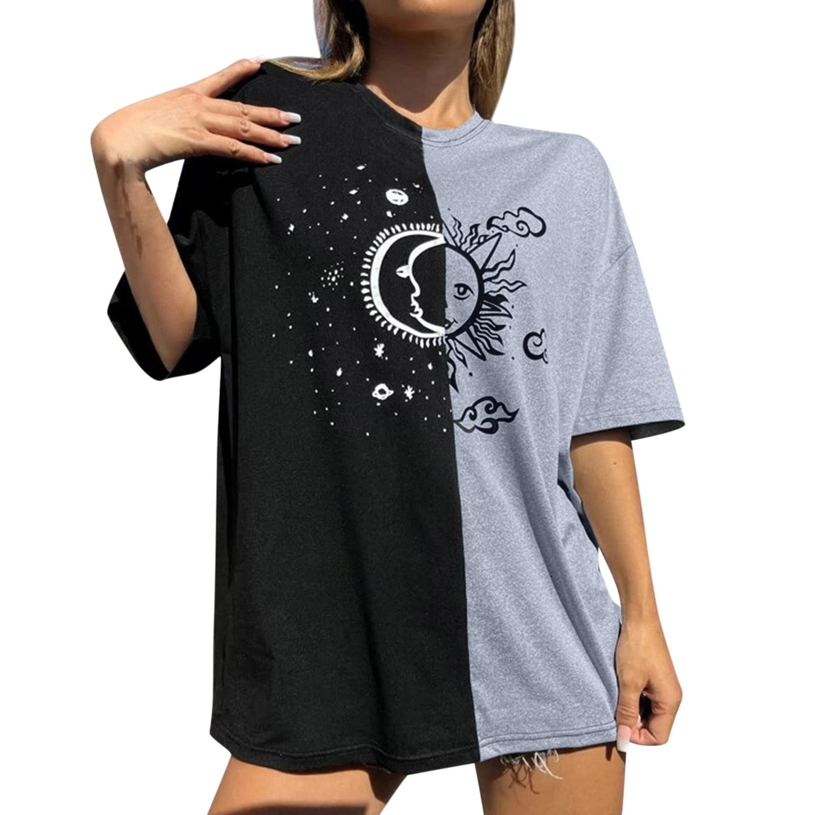 Women's Sun Moon Print Black & White Color Block T-Shirt - Round Neck Short Sleeve Loose Fit Blouse for Summer | Casual Wear, Beach Outfits, Street Fashion
