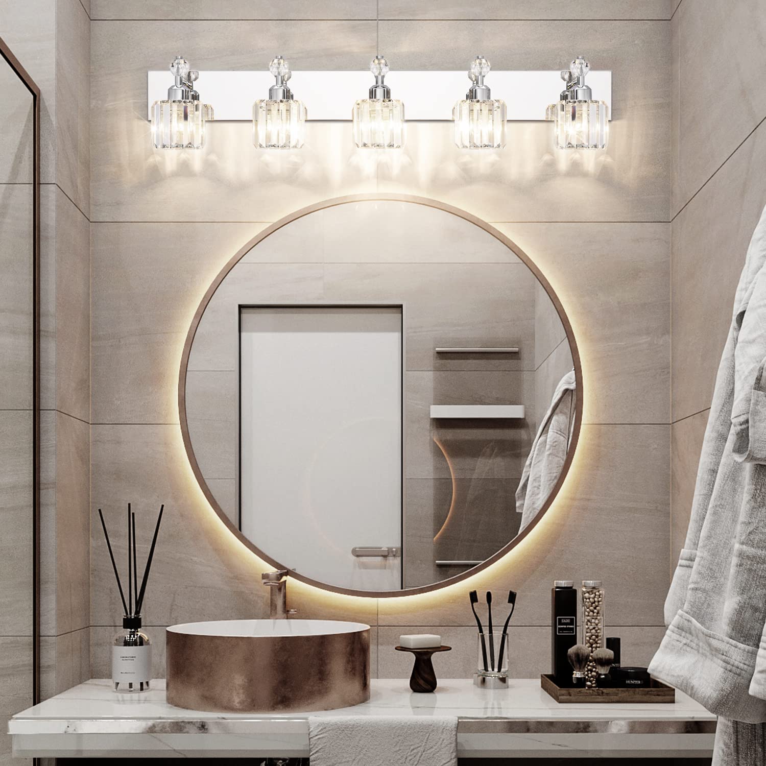 Modern Crystal Vanity Light for Bathroom - Chrome 5-Light Wall Fixture with Adjustable Arms - Perfect for Bathroom Mirror Lighting, Dressing Room & Makeup Area