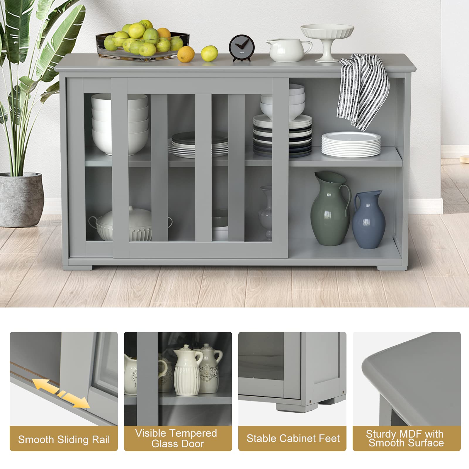 Grey Wooden Sideboard Buffet Cabinet with Adjustable Shelf & Glass Sliding Doors - Stackable Cupboard Storage Table, Coffee Bar Credenza for Kitchen, Dining Room, Living Room & Entryway - Perfect for Home Organization & Entertaining Guests