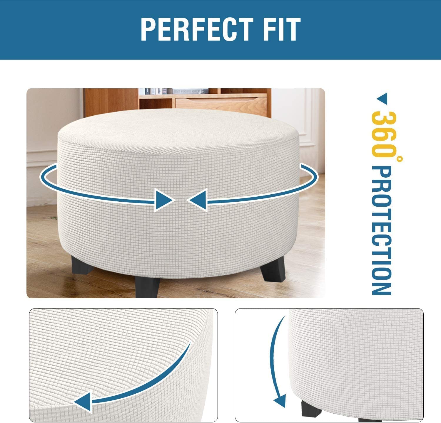 Stretch Ottoman Slipcover Round Storage Cover - Large White Furniture Protector for Folding Stool & Ottoman | Perfect for Living Room, Bedroom & Office Decor