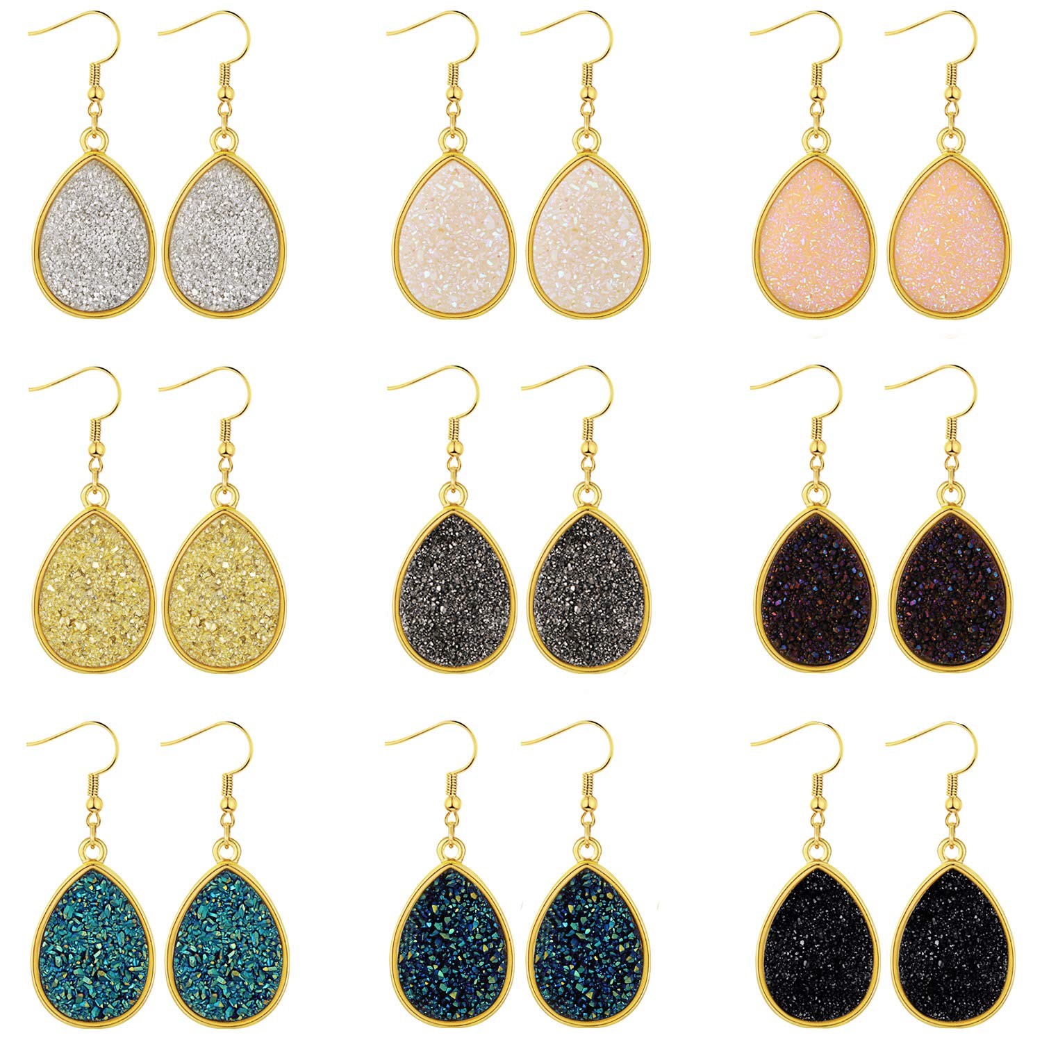 9 Pairs Faux Druzy Drop Earrings - Crystal Pendant Dangle Earrings for Women & Girls | Multicolor Stainless Steel Jewelry | Perfect for Parties, Weddings & Everyday Wear