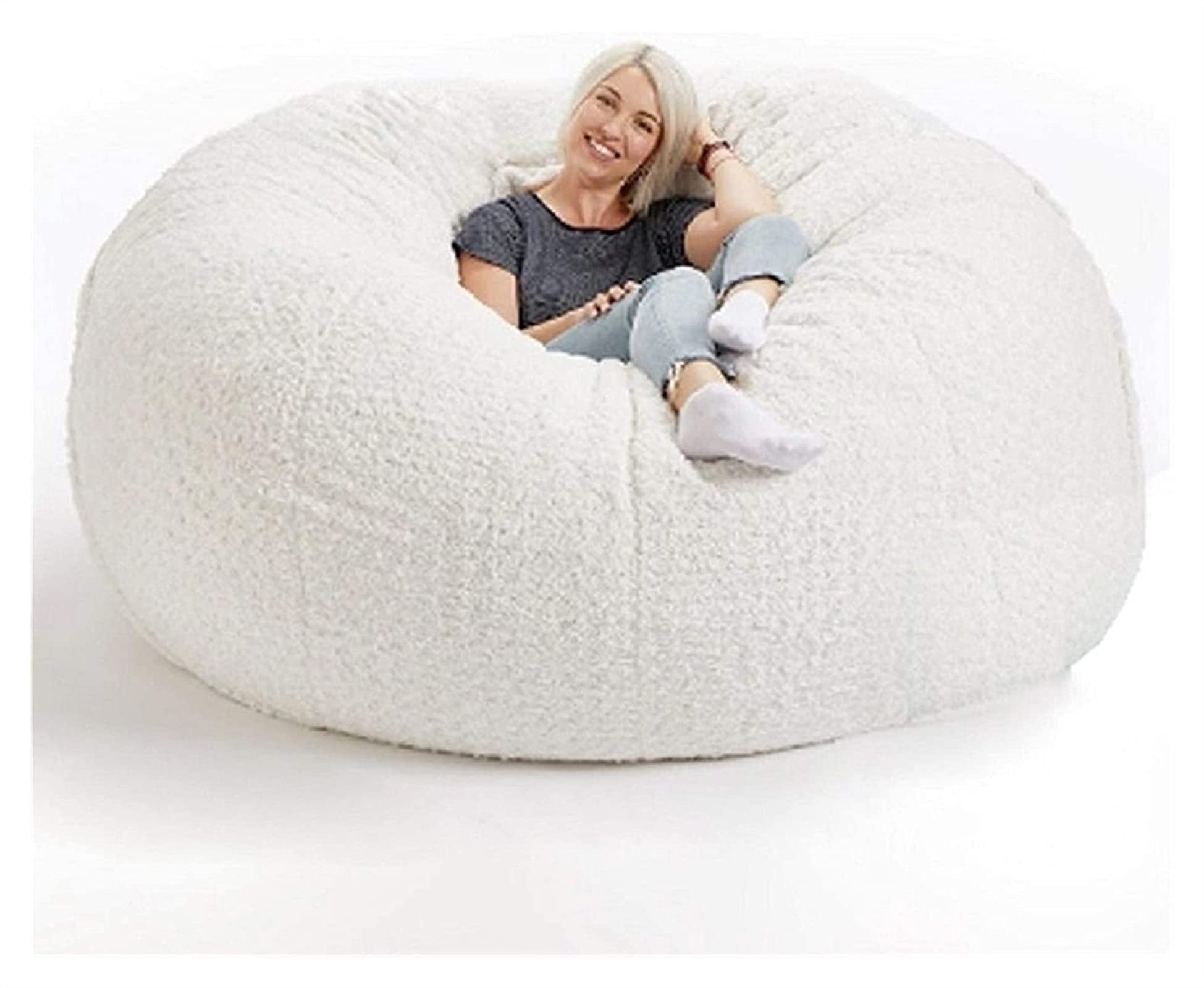 7FT Faux Fur Bean Bag Chair Cover - Soft Fluffy Giant Round Bean Bag Slipcover for Living Room, Bedroom, or Game Room - 183cm Oversized Lazy Sofa Bed Replacement Cover (White) - Perfect for Lounging, Movie Nights & Relaxation