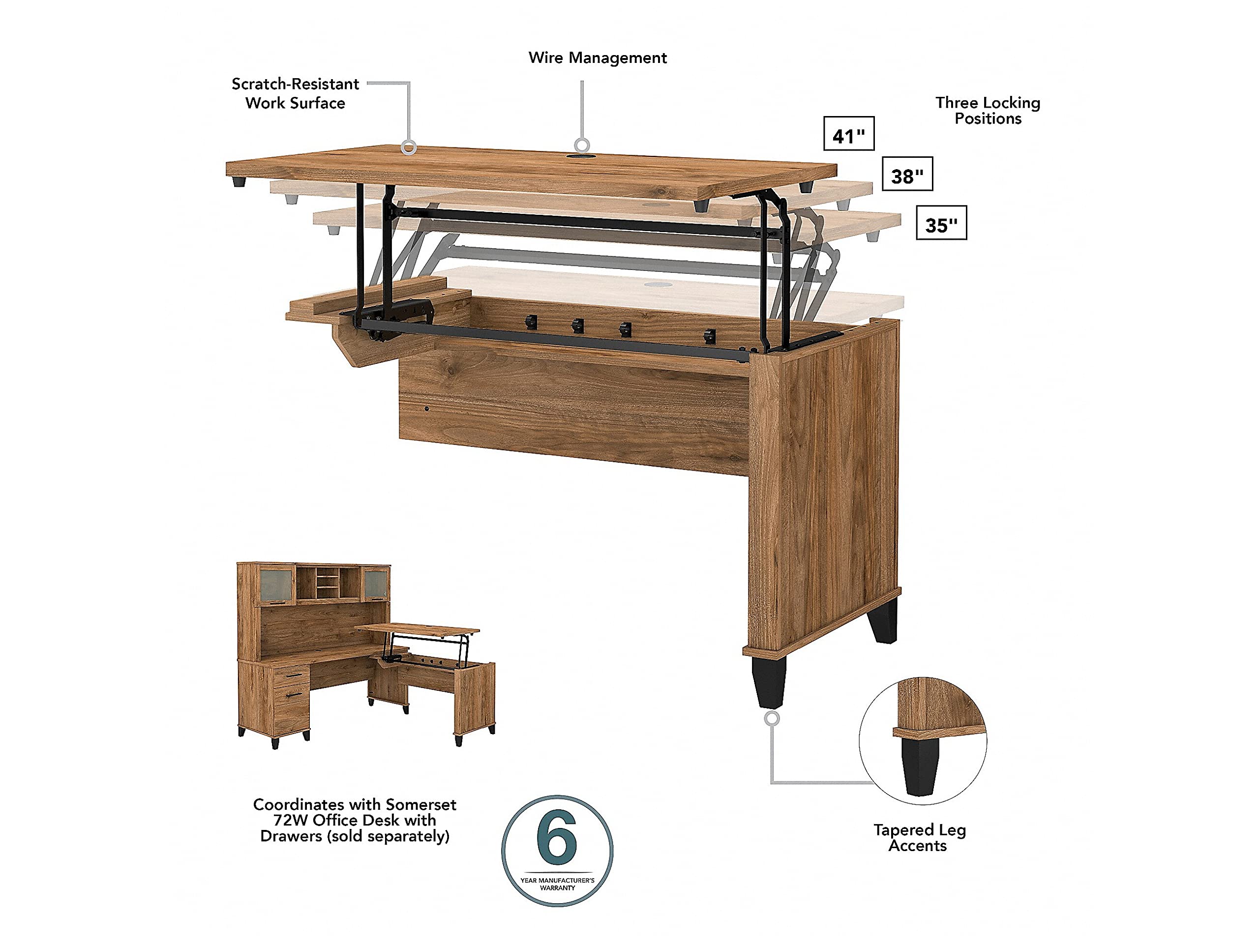Bush Somerset 42W 3-Position Sit to Stand Desk in Fresh Walnut - Engineered Wood Home Office Desk for Work from Home & Remote Work Setup