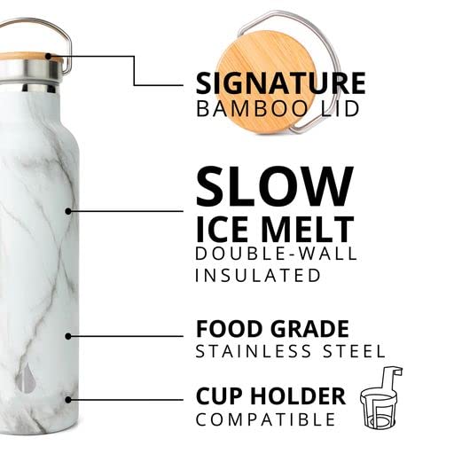 Elemental Classic 25oz Stainless Steel Water Bottle - Double Wall Insulated Thermos with Bamboo Lid - Leak Proof for Gym, Hiking & Travel - White Marble Design - Perfect for Workouts, Outdoor Adventures & Daily Hydration