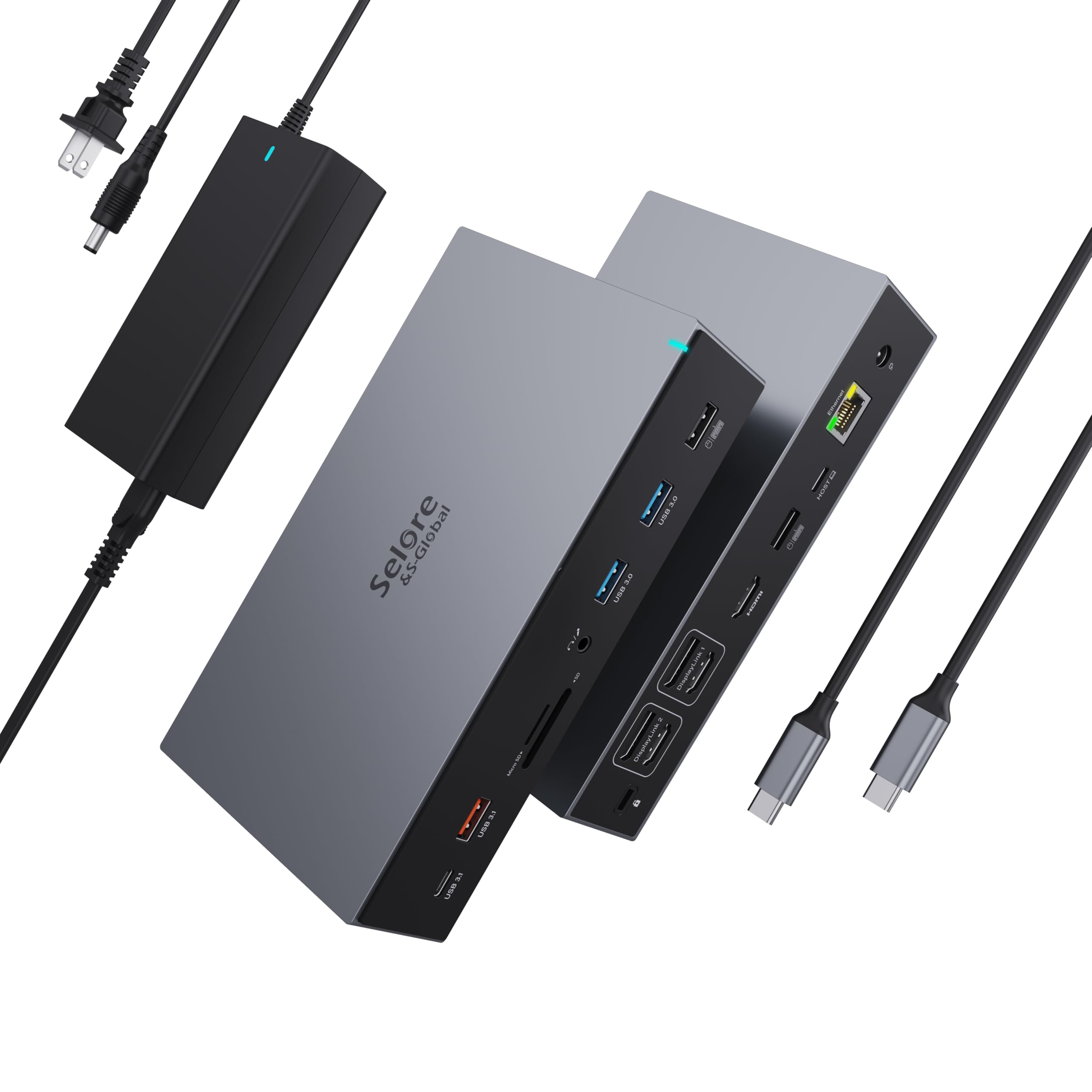 Selore&S-Global DisplayLink Docking Station for MacBook M1/M2/M3 & Windows - Triple Monitor USB C Hub with 3 HDMI, 2 DisplayPort, Ethernet, USB A/C Ports - Power Adapter Included for Dell/HP/Lenovo Laptops - Perfect for Home Office, Gaming & Multi-Tasking Setup
