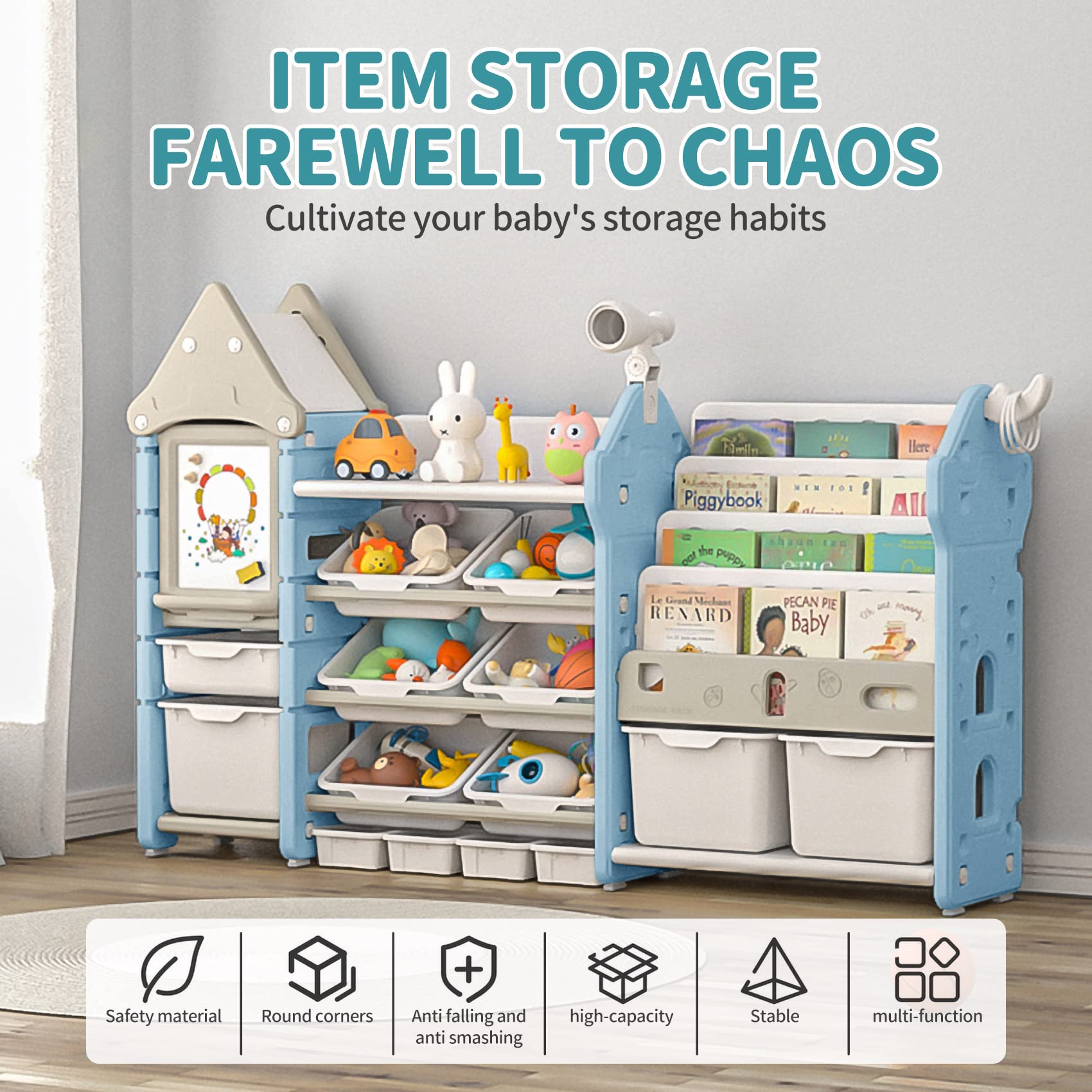 UNICOO Kids Toy Storage Organizer with 14 Bins & Pull-Out Drawers, Multifunctional Bookshelf for Toddlers - Magic Castle Blue | Perfect for Nursery, Playroom & Classroom Organization