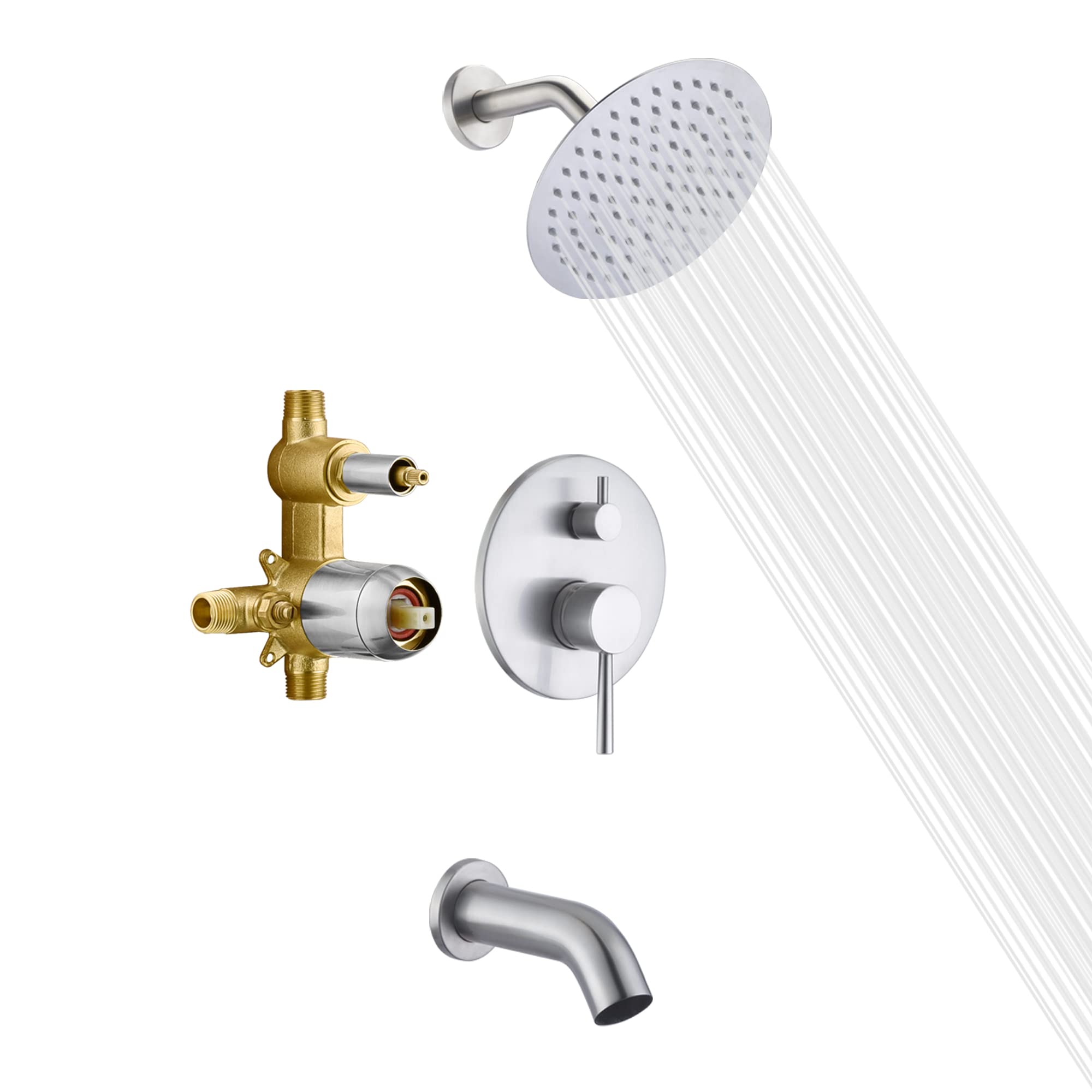 High-Pressure 8 Inch Rain Shower Head with Brushed Nickel Tub and Shower Faucet Set - Includes Rough-in Valve & Tub Spout for Luxurious Bathroom Upgrade | Perfect for Master Bath, Spa-Like Experience & Modern Home Renovation