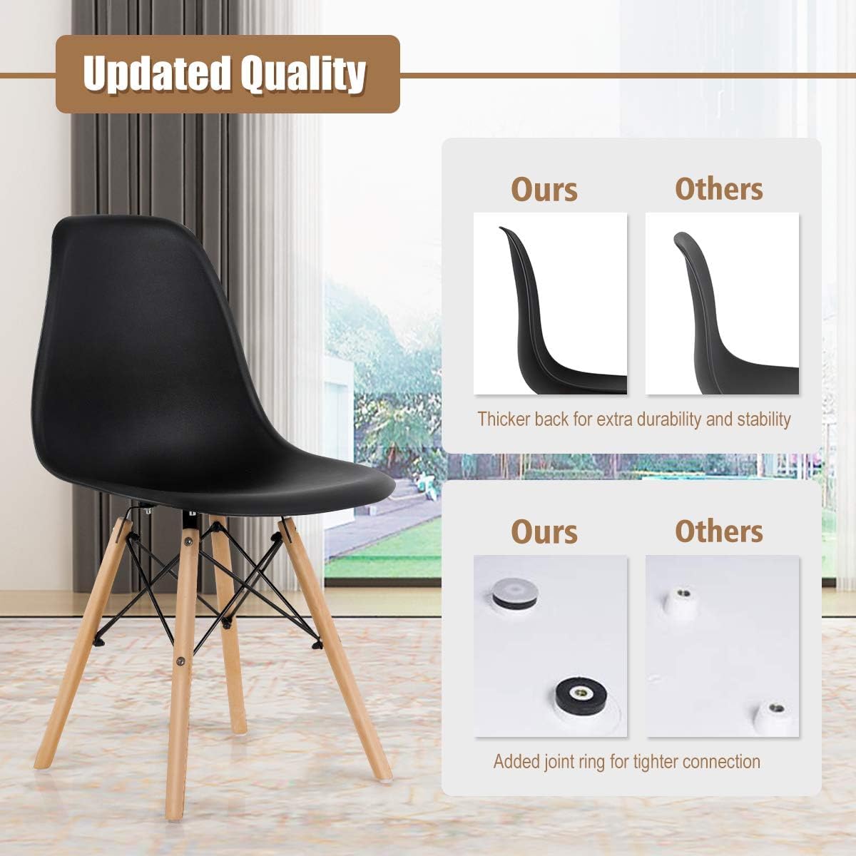 GOFLAME DSW Modern Dining Chairs Set of 4 - Shell Plastic Seat with Sturdy Wooden Legs, Armless Kitchen Side Chairs for Dining Room, Living Room, Bedroom - Black | Perfect for Small Spaces, Breakfast Nook & Apartment Dining