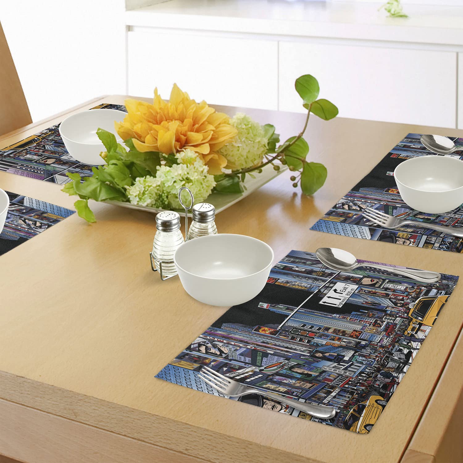 Ambesonne Set of 4 Cartoon New York City Placemats - Vibrant Night Scene with Taxis, Streets & Highway Exit Design - Washable Fabric Table Mats for Dining Room & Kitchen Decor - Perfect for Urban Theme Dinner Parties & Home Styling