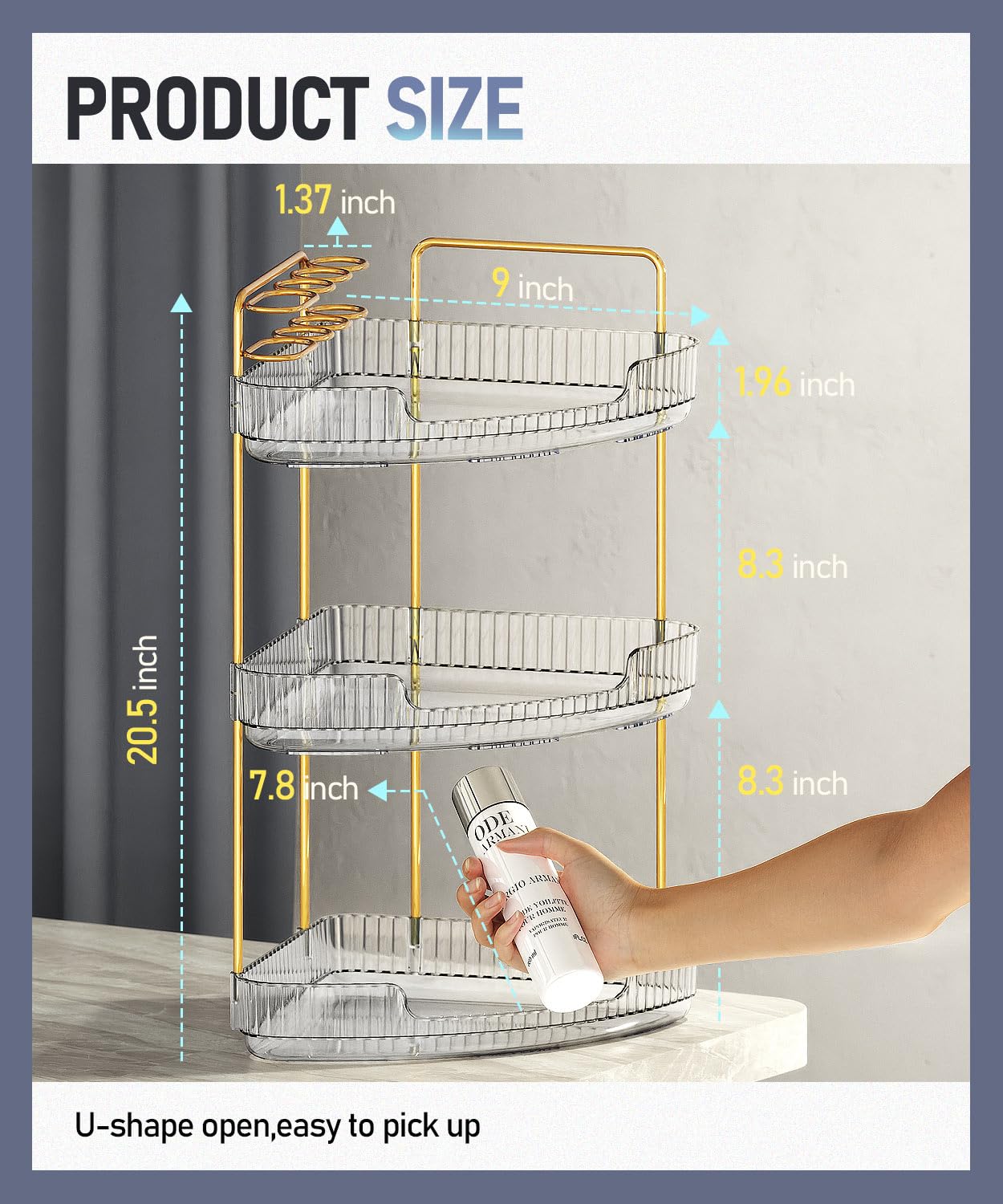 3-Tier Corner Bathroom Organizer - Acrylic Makeup Storage Shelf with Perfume Tray, No-Tools Installation for Vanity, Dresser & Kitchen Countertop (Clear) - Perfect for Small Space Organization & Cosmetic Display