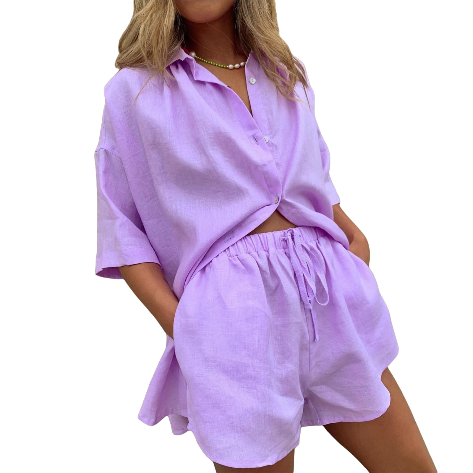 NUFIWI Women's Casual Two Piece Outfits Set - Oversized Long Sleeve Shirt & High Waist Shorts - Summer Tracksuit Loungewear for Streetwear, Travel & Home Relaxation
